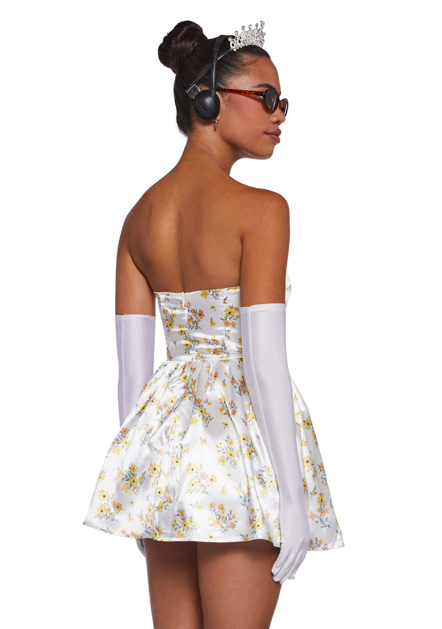 Dolls Kill Princess Mia Costume by Trickz N’ Treatz – Women’s Floral Satin Mini Dress with Gloves, Tiara, Sunglasses & Headphones, Small