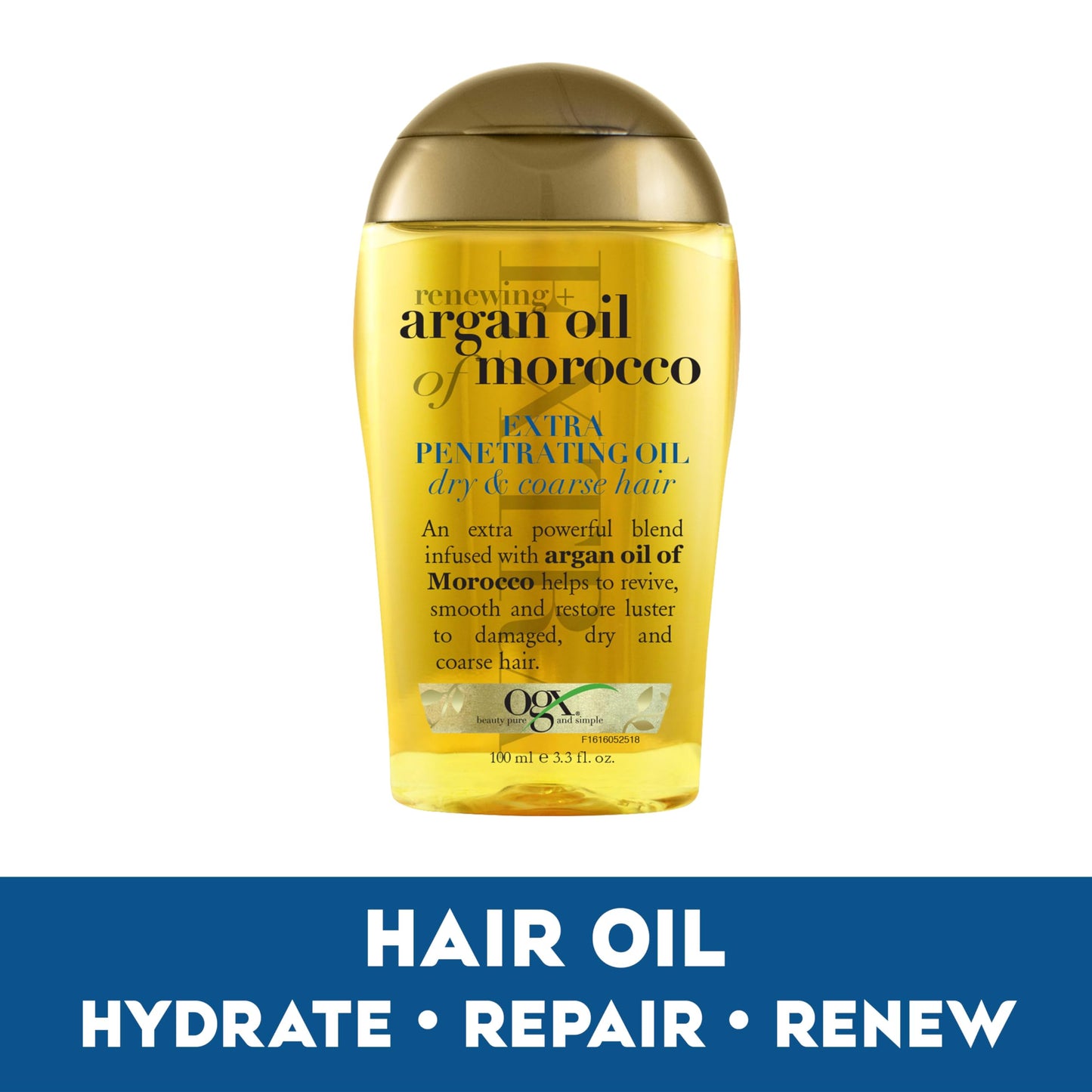 OGX Renewing + Argan Oil of Morocco Hair Oil, Extra Strength Penetrating Serum Treatment for Dry, Damaged, Frizzy, Curly & Coarse Hair, Cold-Pressed Argan Oil, Shine, 3.3 Fl Oz