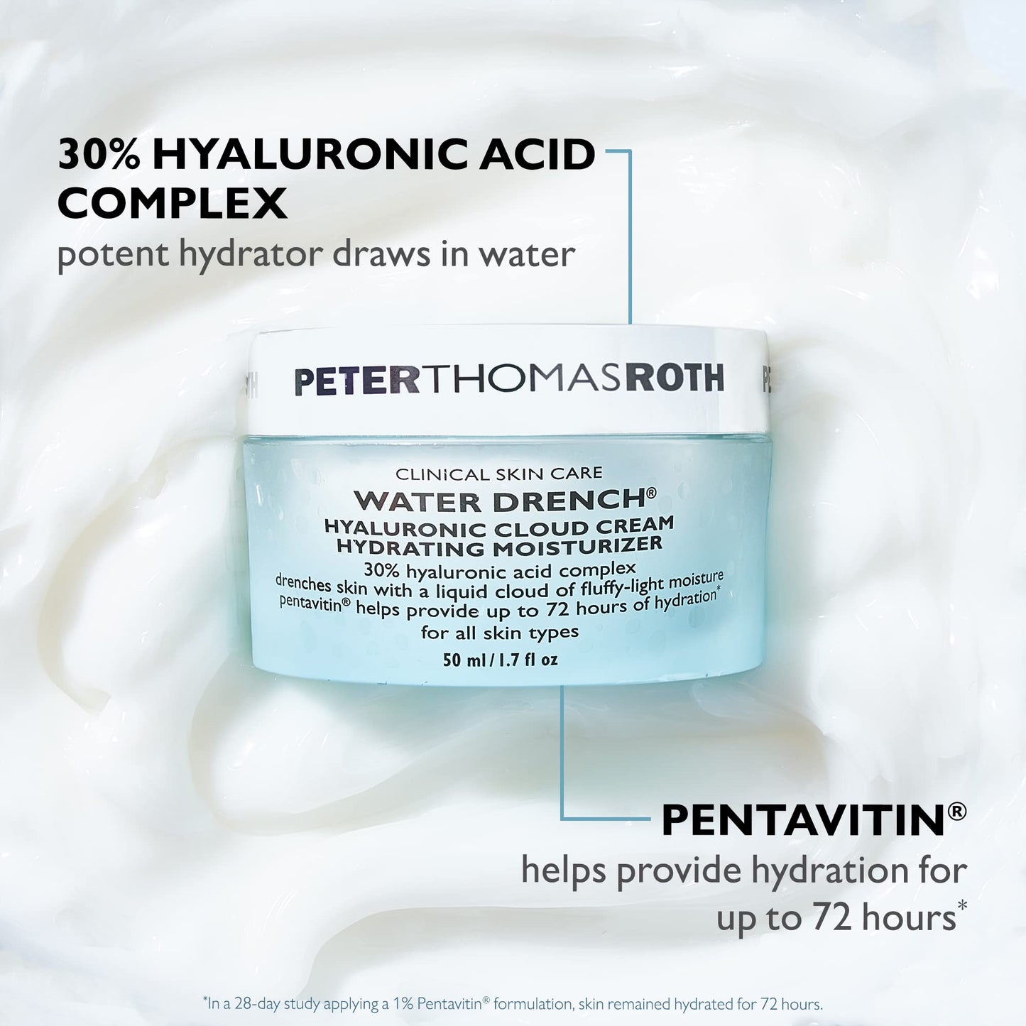 Peter Thomas Roth Water Drench Hyaluronic Cloud Cream – Hydrating Face Moisturizer, Refillable Jar, 72H Hydration, Fragrance-Free