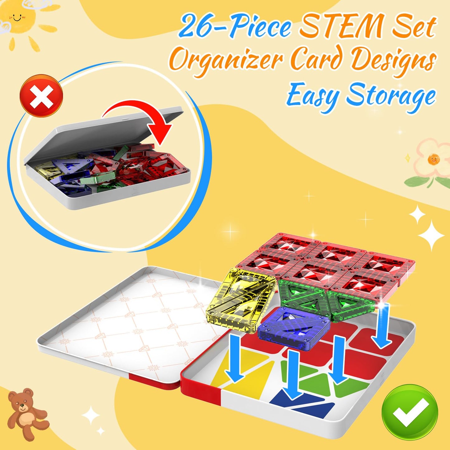 Zupooko Mini Magnetic Tiles for Kids 3-8 | Travel Magnetic Building Blocks with Metal Storage Box | STEM & Montessori Educational Toy Gift