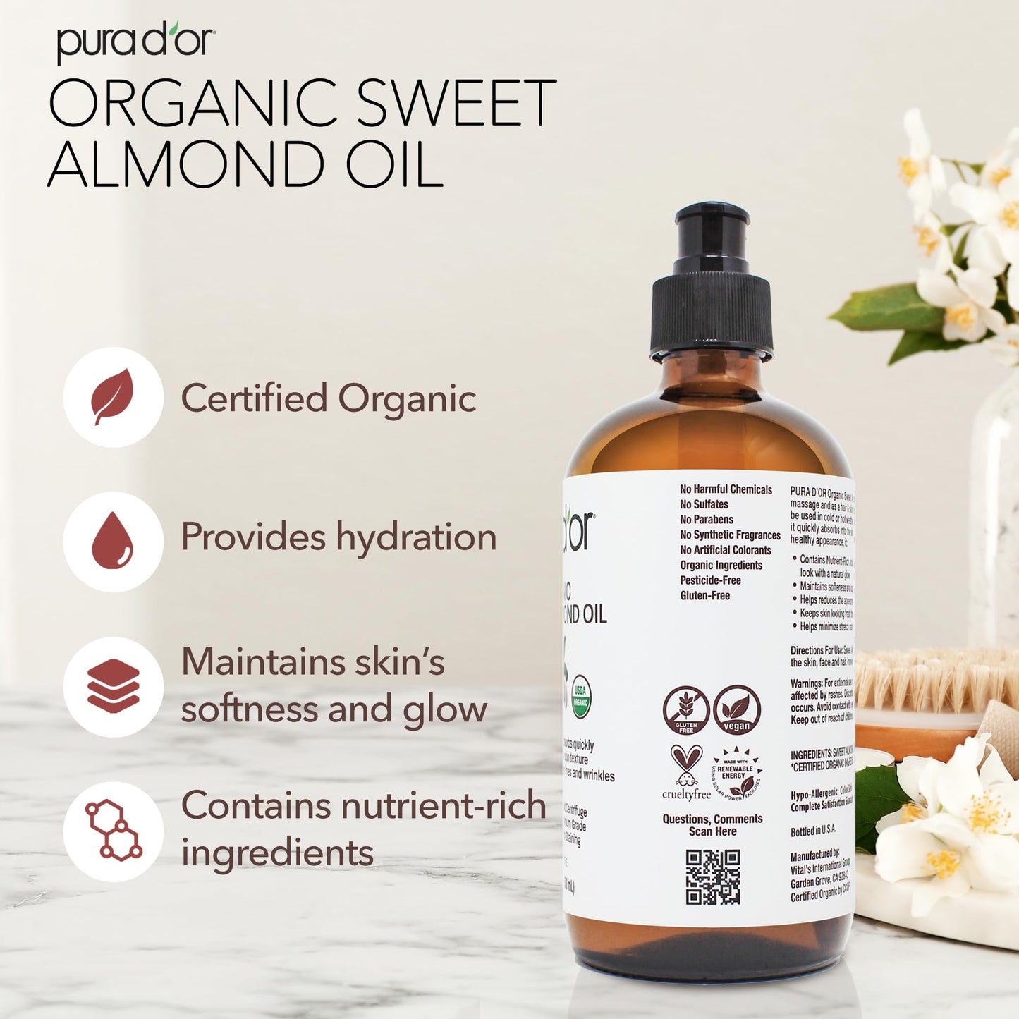 PURA D'OR 16.9oz Organic Sweet Almond Oil - 100% Pure Cold-Pressed Carrier Oil, Non-Greasy & Unscented, Hair & Skin Moisturizer, Glass Bottle