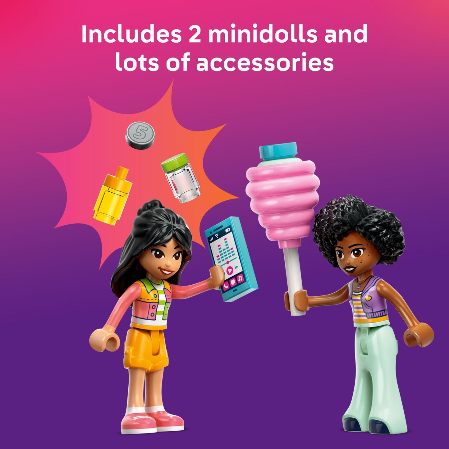 LEGO Friends Cotton Candy Stand & Scooter Set for Kids 6+ with 2 Minidolls, Wheelable Cart & Accessories – Birthday Gift Idea, 42643