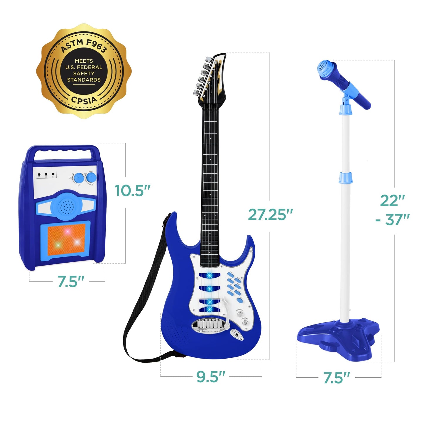 Best Choice Products Kids Electric Guitar Play Set - Toy Guitar Starter Kit w/ Mic, Amp, AUX, Whammy Bar, 6 Demo Songs & Stickers - Blue
