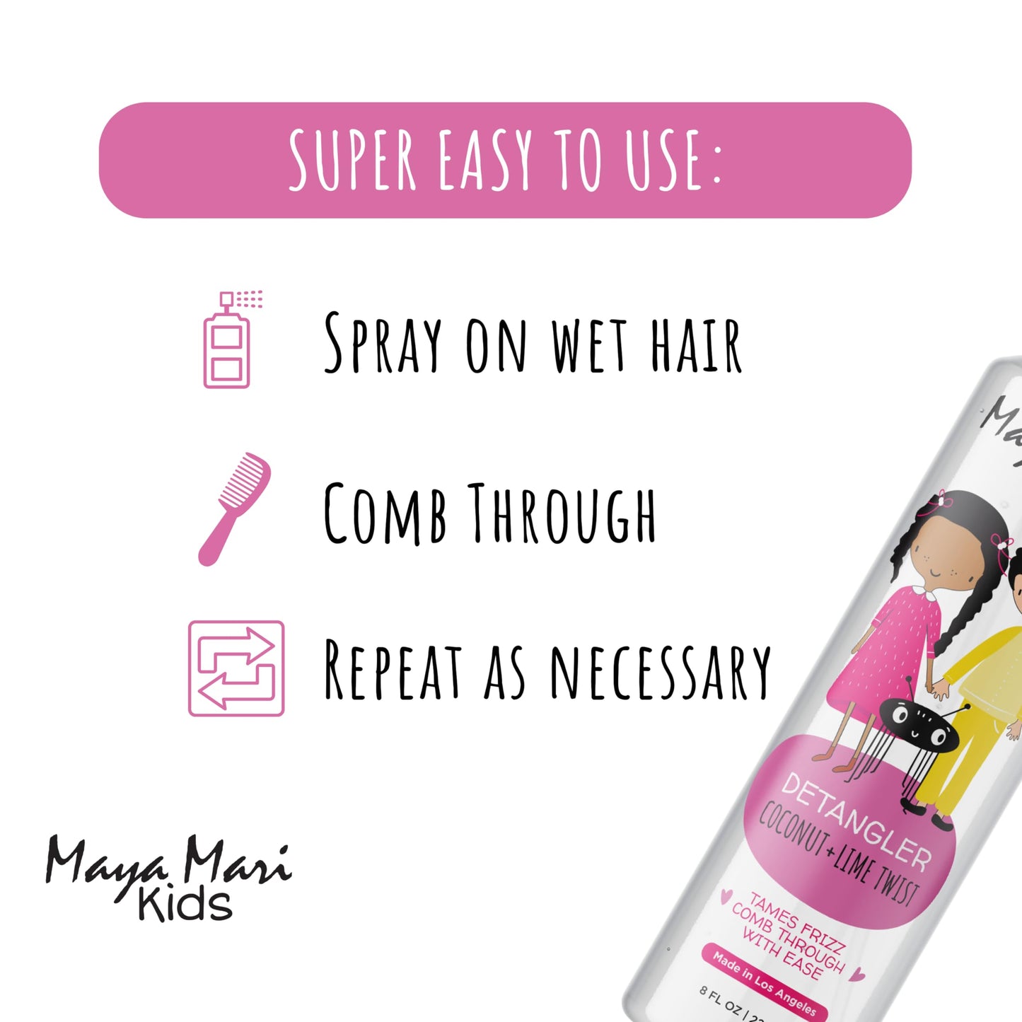 Maya Mari Kids Hair Detangler Spray 8 oz – Gentle Tangle Remover with Argan, Coconut & Lime Oils – For Toddlers, Babies & Curly Hair