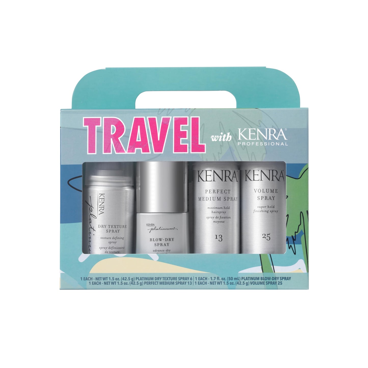 Kenra Professional Travel Haircare Kit | Volume, Blow-Dry, Dry Texture & Medium Hold Spray | Adds Shine, Body & Smooth Finish | 4 Pc Set