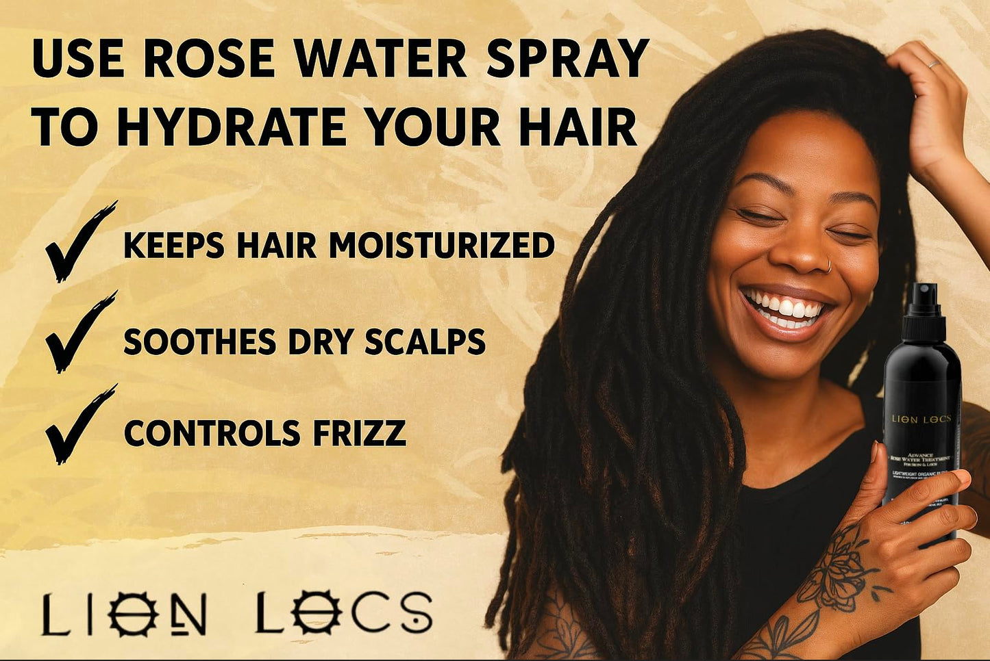 Lion Locs Rosewater Spray for Dreads and Locs - Organic Vegan Conditioner with Aloe, Oils, Vitamins, and Glycerin