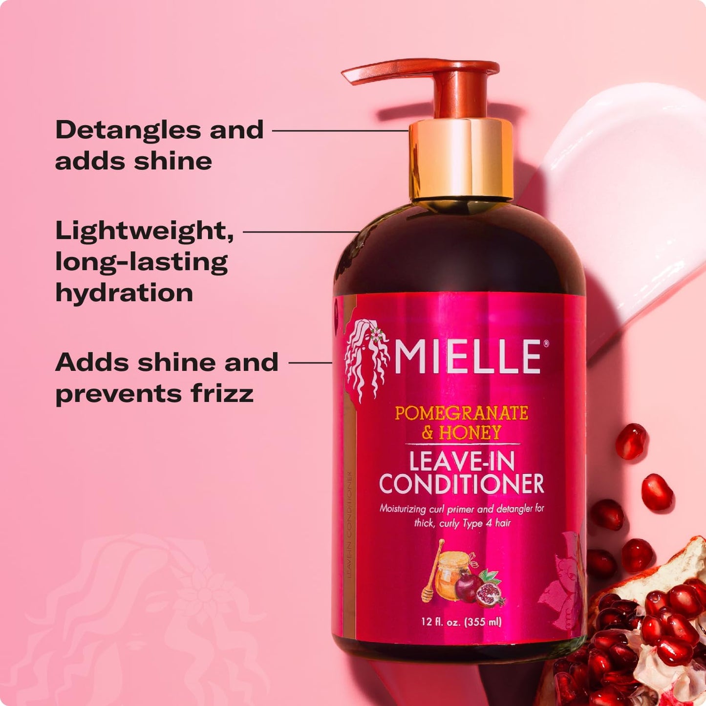 Mielle Organics Pomegranate & Honey Leave-In Conditioner for Curly Hair, Moisturizing Detangler to Repair Damage, Prevent Frizz & Boost Shine, 12 Fl Oz