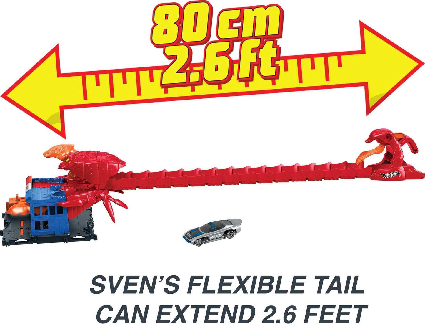 Hot Wheels Toy Car Track Set City Scorpion Flex Attack & 1:64 Scale Police Vehicle, Bendable Tail Extends 2.6 Ft., Connects to Other Sets