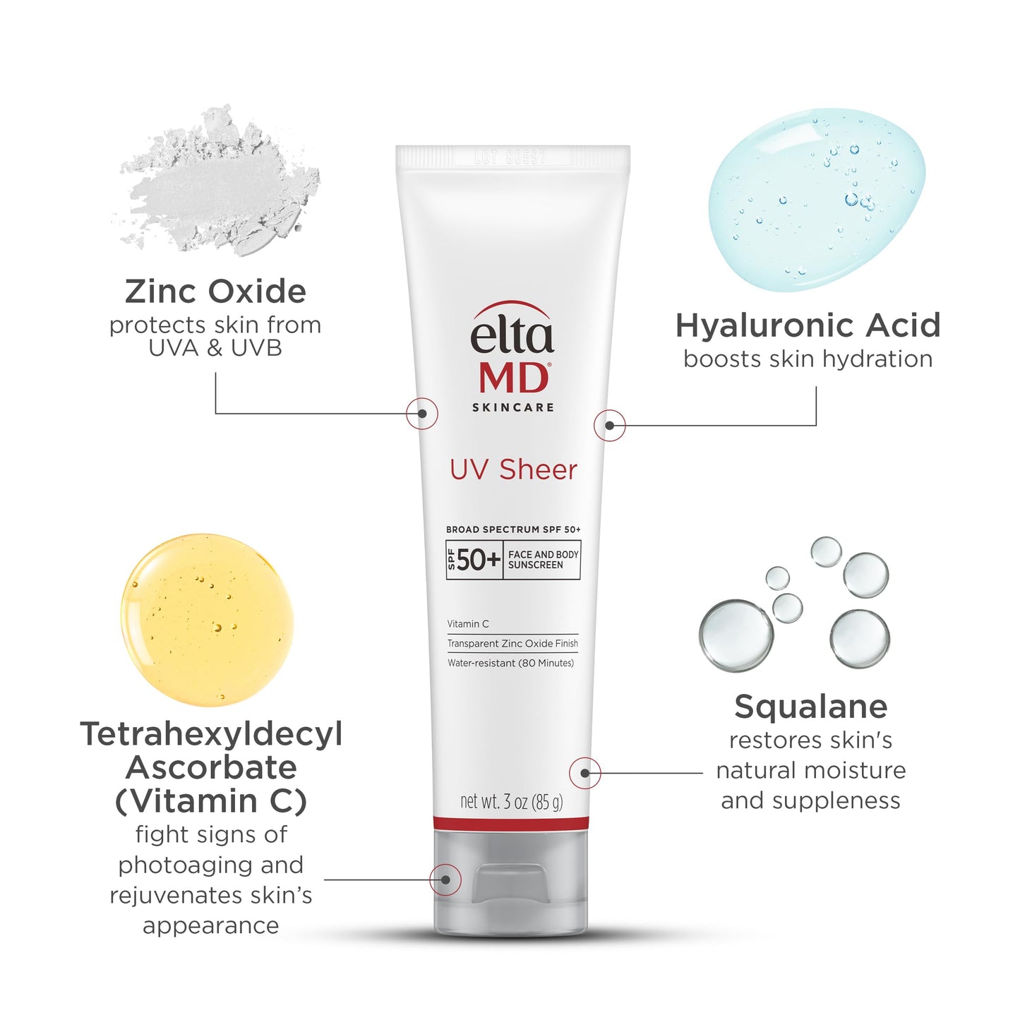 EltaMD UV Sheer Face and Body Sunscreen SPF 50+, Oil Free, No White Cast Sunscreen for Face and Body, Zinc Oxide Formula, 3.0 oz Tube