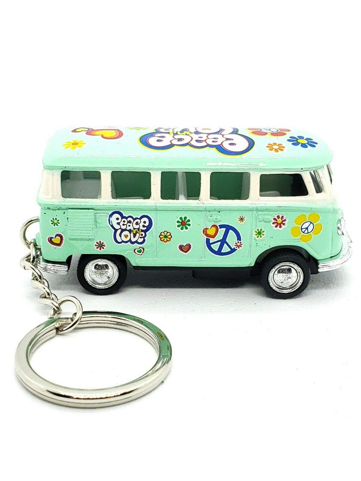 KiNSMART 1962 Volkswagen Classic Hippie Love & Peace Bus 1:64 Scale 2.5 Inch Die Cast Metal Model Key Chain, Pullback Action, Pastel Green