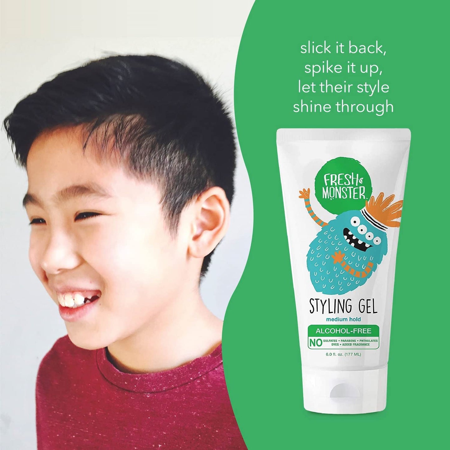 Fresh Monster Kids Hair Styling Gel, Medium Hold Alcohol-Free, Natural Hair Gel for Kids & Toddlers (6oz.)