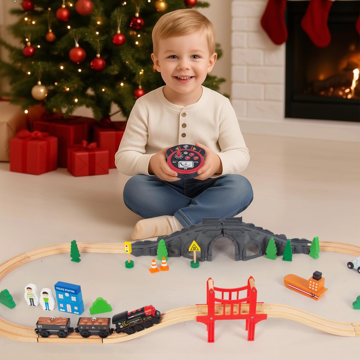 Motorized Remote Control Train for Wooden Tracks – Battery Operated Locomotive with Magnetic Connection, Compatible with Thomas, Brio, Chuggington
