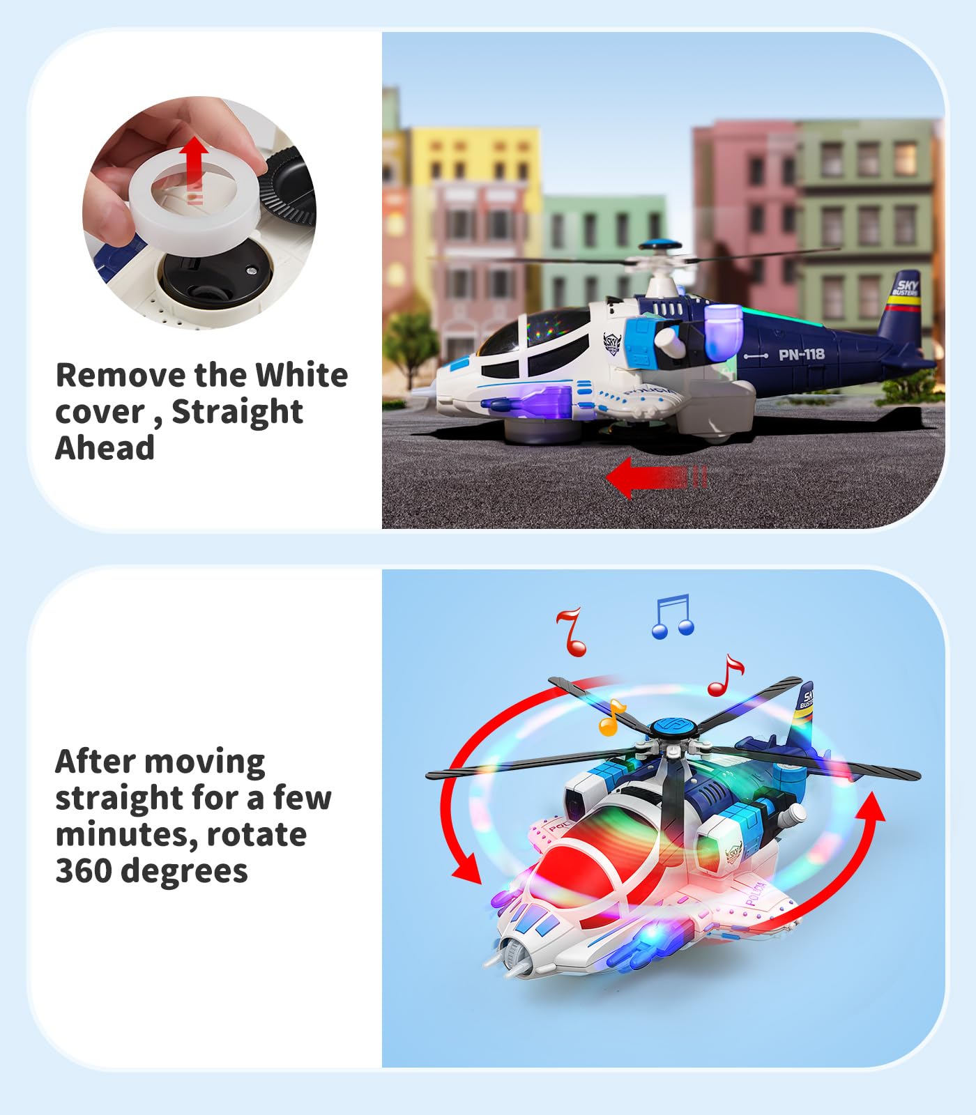 Geyiie Blue Helicopter Toy for Kids with Lights & Sounds, 360° Flying, Auto-Steering Airplane, Birthday Party Favor Gift for Boys