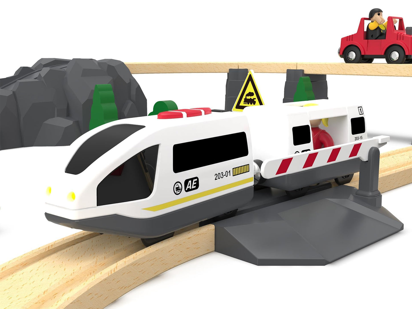 Z MAYABBO Remote Control Wooden Train Set – Battery Operated Locomotive & Cars, Fits All Major Wooden Tracks, Powerful Engine for Kids