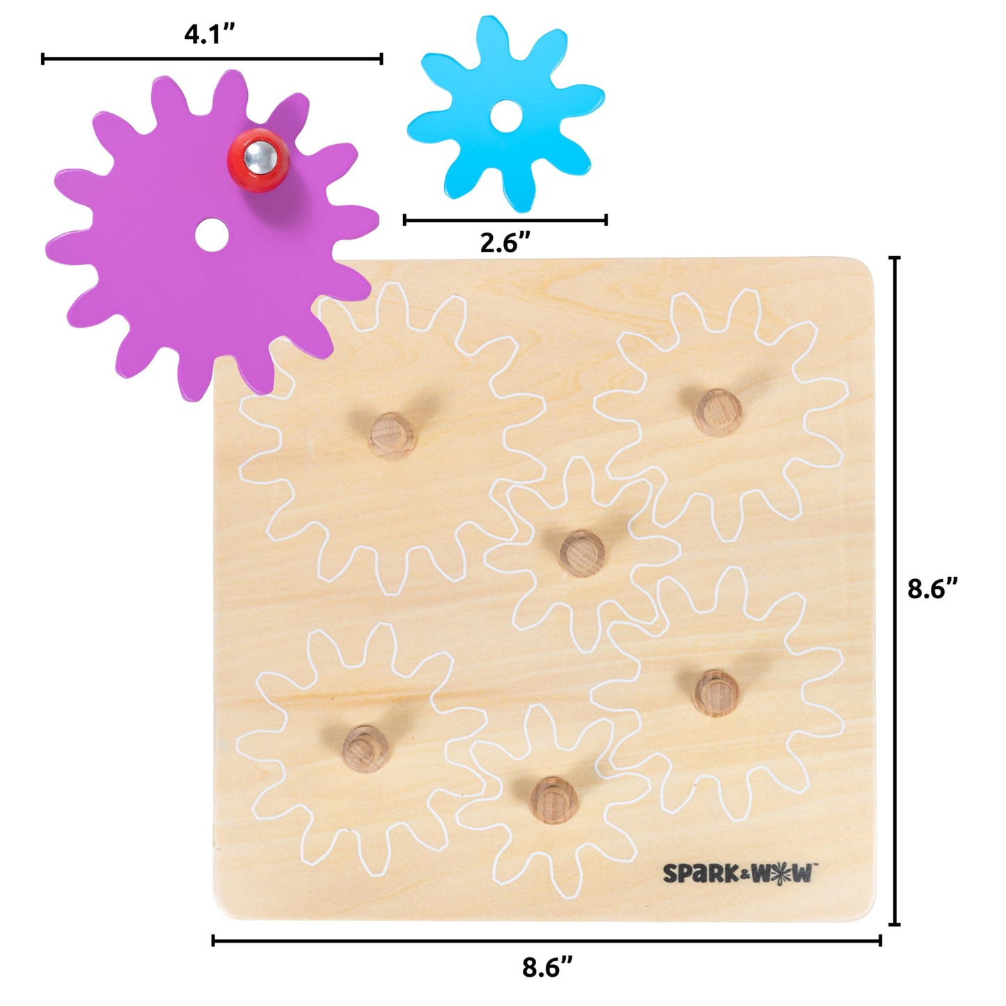 SPARK & WOW Spinny Gears | Wooden Gear Board with 6 Pieces in 3 Sizes | Cause and Effect Toys | Create Colorful, Spinning Combinations