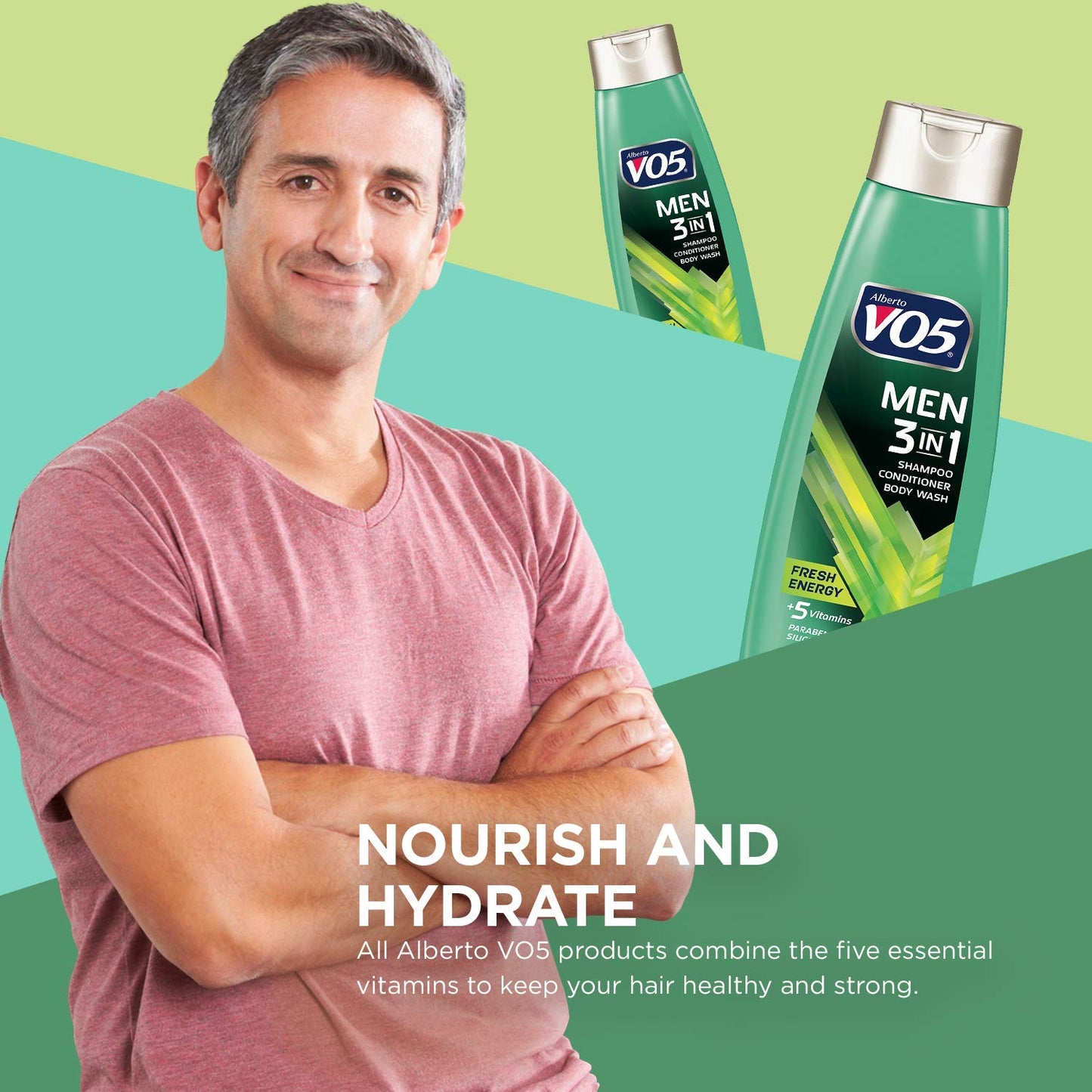 Alberto VO5 Men’s 3-in-1 Shampoo, Conditioner & Body Wash – Fresh Energy with 5 Essential Vitamins (A, H, C, B5, B3) – 12.5 Oz