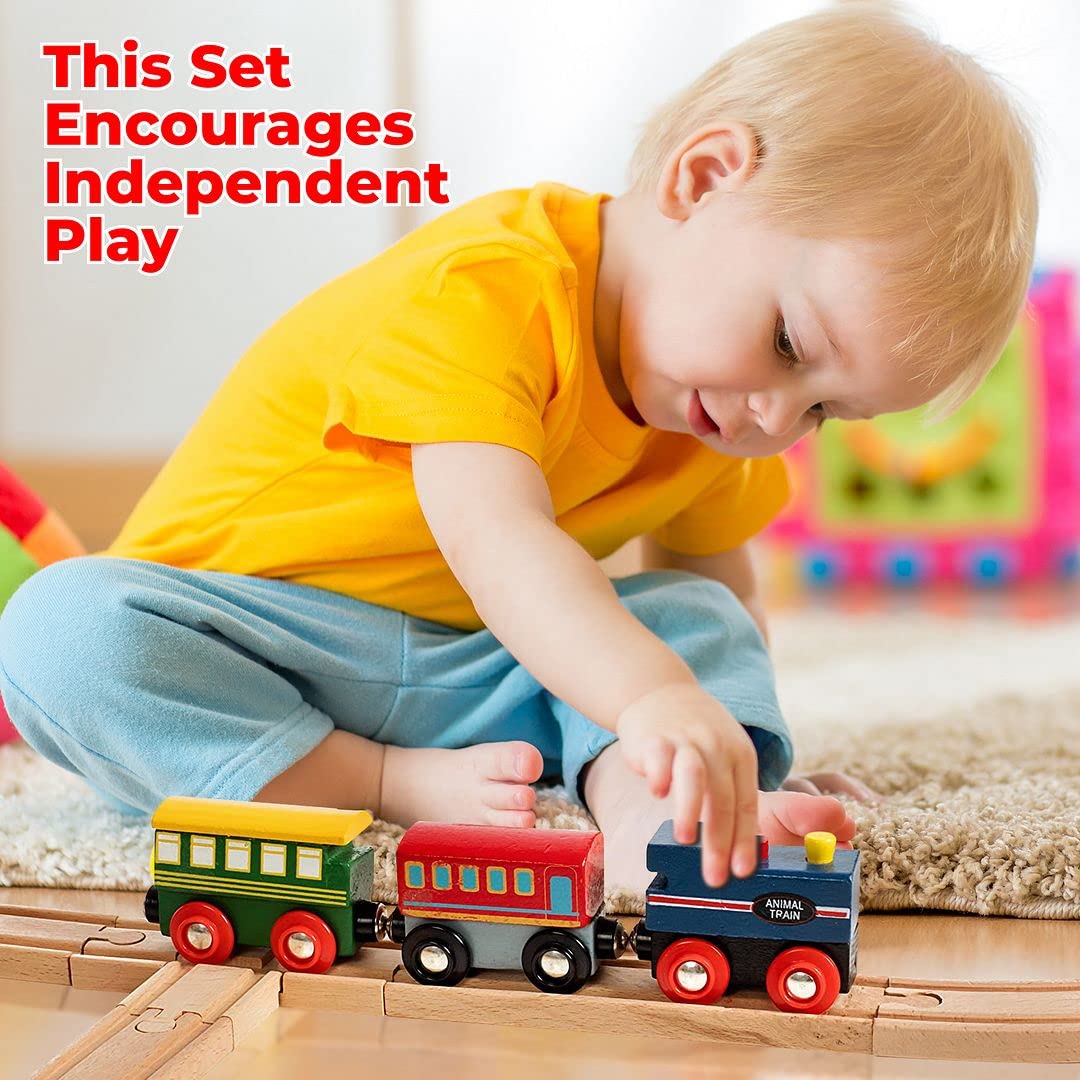 On Track USA 35-Piece Wooden Train Set with Magnetic Trains, Tracks & Accessories in Clear Container, Compatible with Major Brands