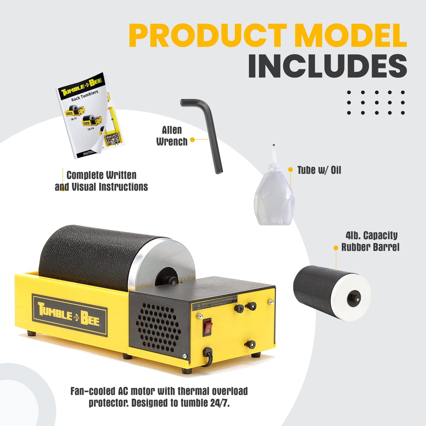 Tumble-Bee TB-14 Rock Tumbler - Large 1x4LB Rotary Polishing Machine for Stones, Rocks, Metals & Sea Glass, Adults & Kids, Hobby & Pro Use