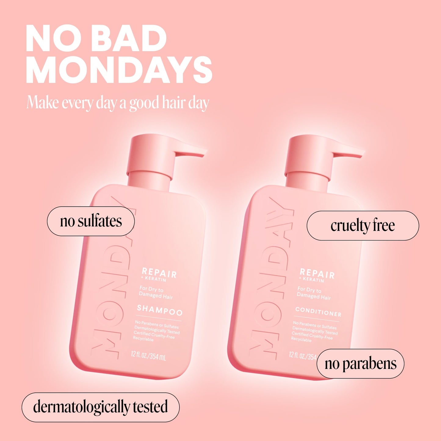 MONDAY HAIRCARE Repair Shampoo and Conditioner Set (12 oz) For Dry to Damaged Hair Made with Keratin, Coconut Oil, Shea Butter, and Vitamin E