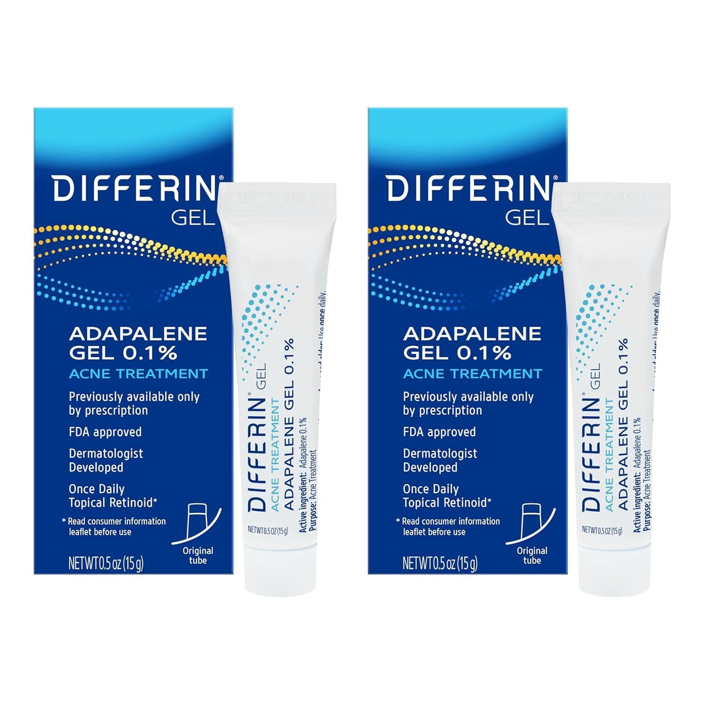 Differin 0.1% Adapalene Acne Treatment Gel, 60-Day Supply, Gentle Retinoid for Sensitive, Acne-Prone Skin, 15g Tube, 2-Pack
