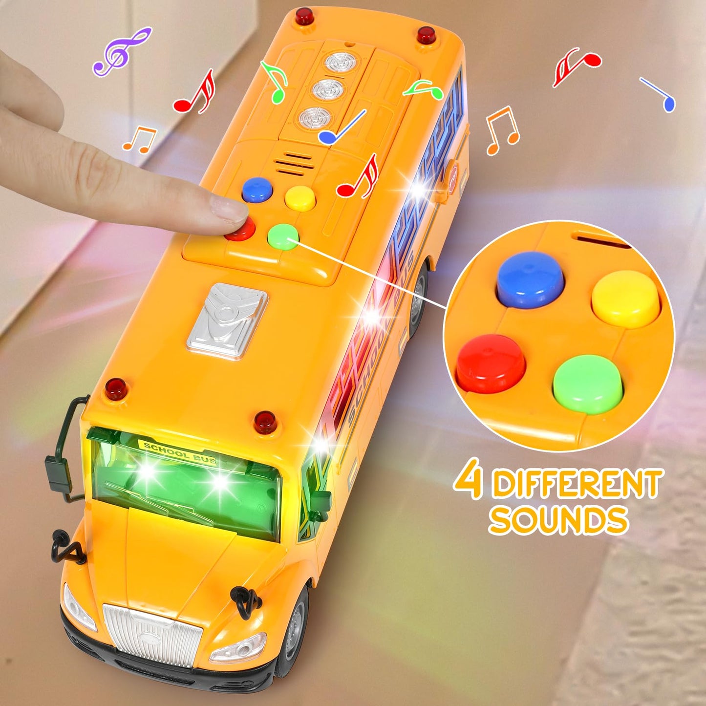 Yellow School Bus Toy for Toddlers 1-3 – Friction-Powered, Light & Sound, Back & Side Doors Open, Flashing Lights, Birthday Gift for Kids