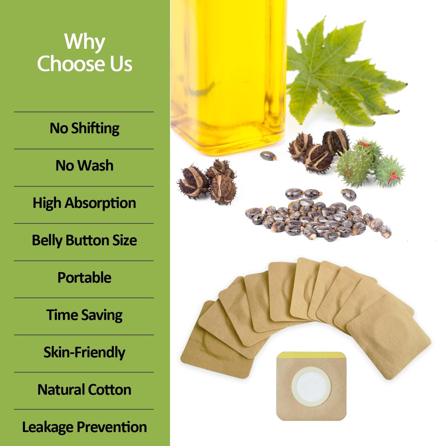 STFOCE 10pcs Disposable Castor Oil Pack Wraps – Organic Cotton, Self-Adhesive, Highly Absorbent, No Leak, Portable, Khaki