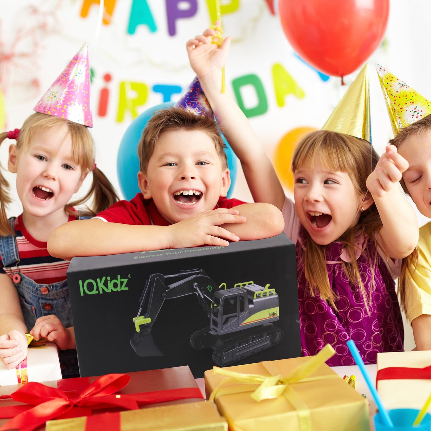 IQKidz RC Excavator Toy for Boys 4-10+ – Metal Shovel Construction Vehicle with Lights, Sounds, 2.4G Rechargeable Remote Control