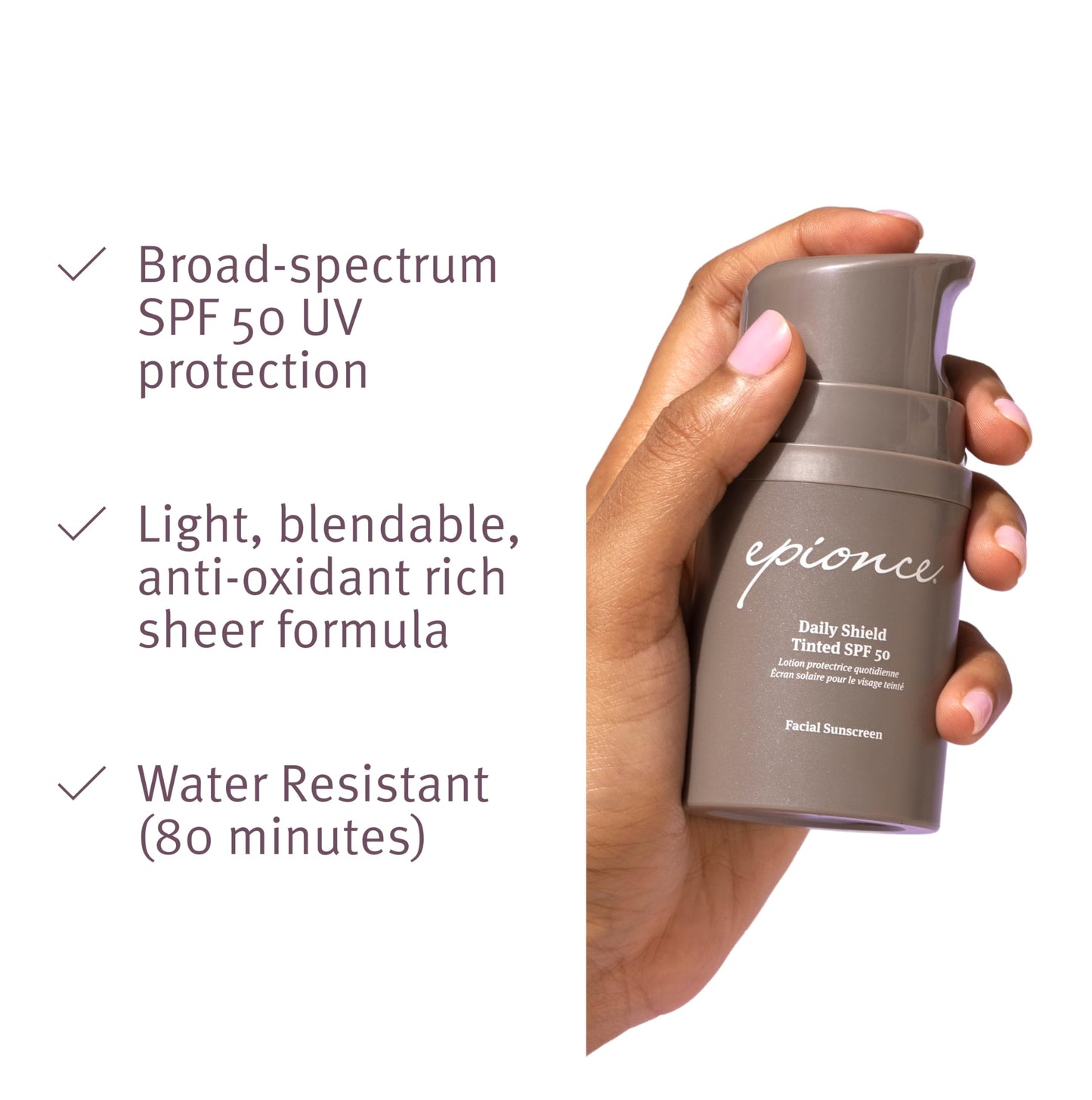 Epionce Daily Shield Tinted SPF 50 Sunscreen – Water-Resistant Broad Spectrum UV Protection with Titanium Dioxide & Zinc Oxide, All Skin Types