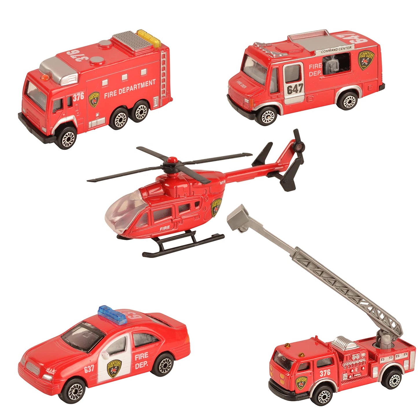 BOHS Fire Department Rescue Vehicles 5-Piece Die-Cast Set: Mini Metal Ladder Truck, Rescue Helicopter, Fire Engine, Patrol Car & Command Center
