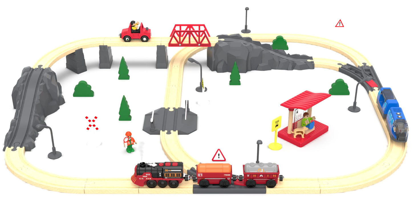 Electric Toy Train Set for Wooden Tracks – Battery Operated Christmas Train with Lights, Sounds & Smoke, Compatible with Thomas & Brio