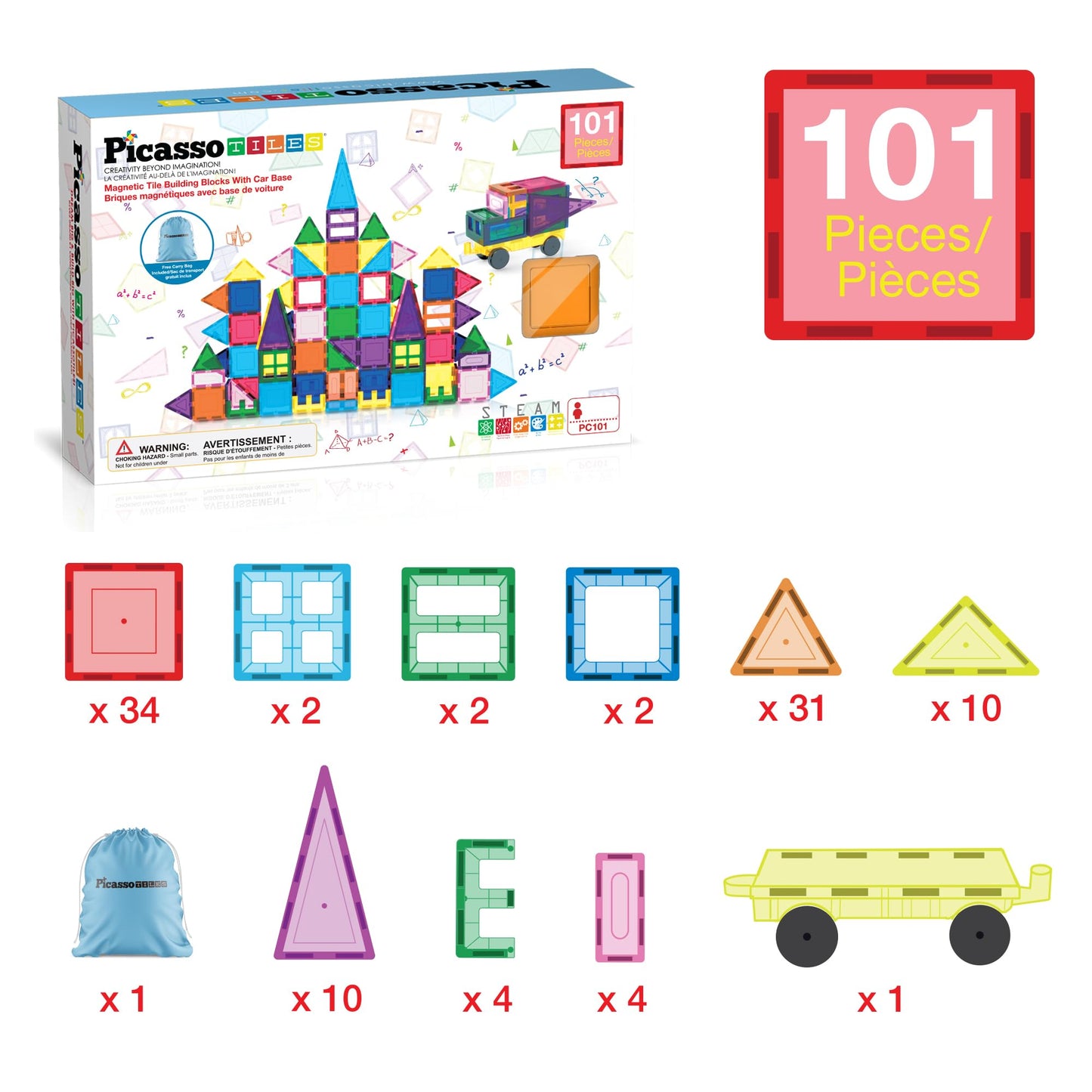 PicassoTiles 101-Piece Magnetic Building Blocks Set with Car & Carry Bag, STEM Toy for Toddlers & Kids Ages 3+, Educational Playset