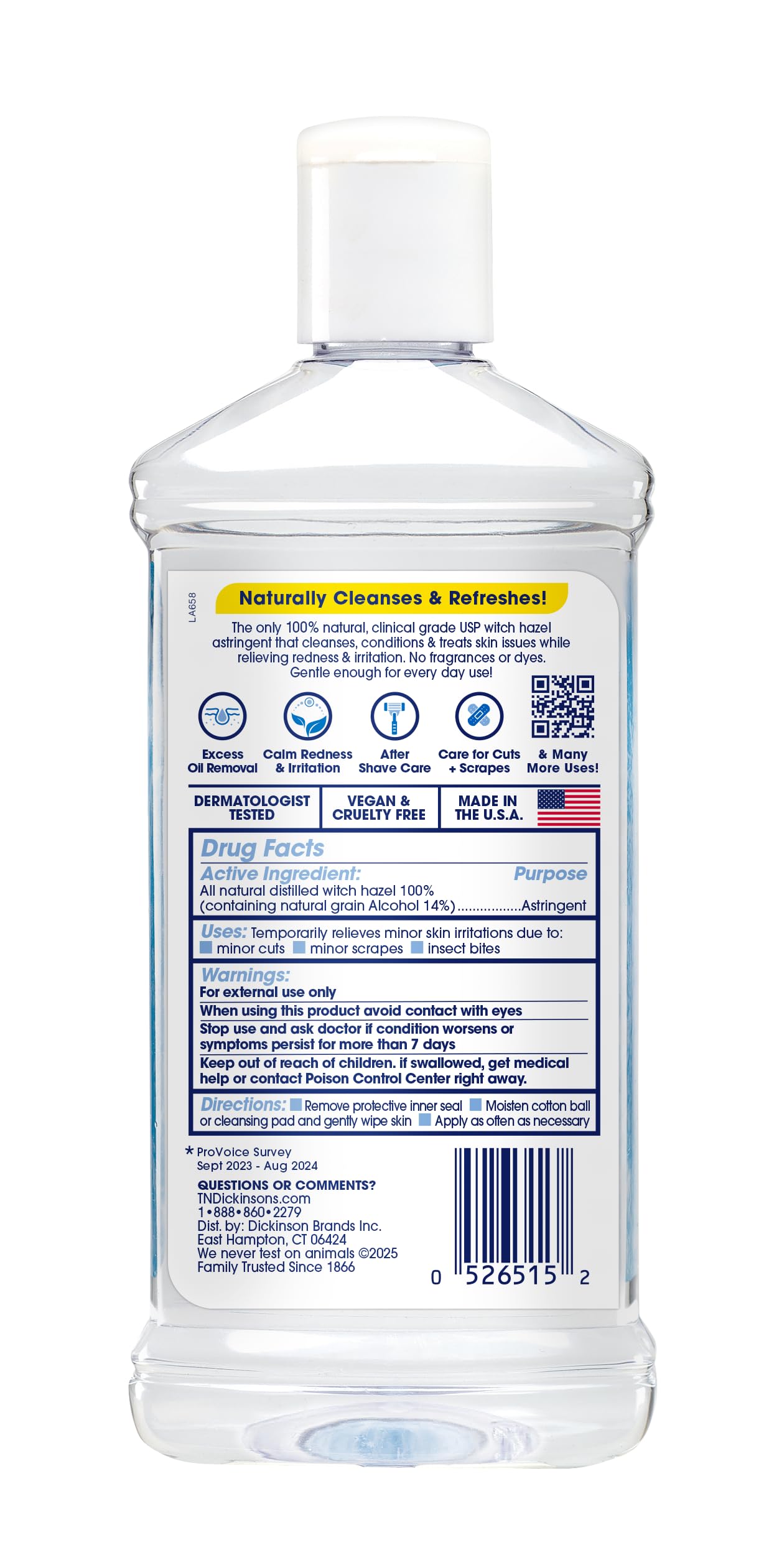 T.N. Dickinson's Witch Hazel 100% Natural Astringent, Fragrance-Free, Cleanses & Soothes Face & Body, Clinical Grade, 8 fl oz