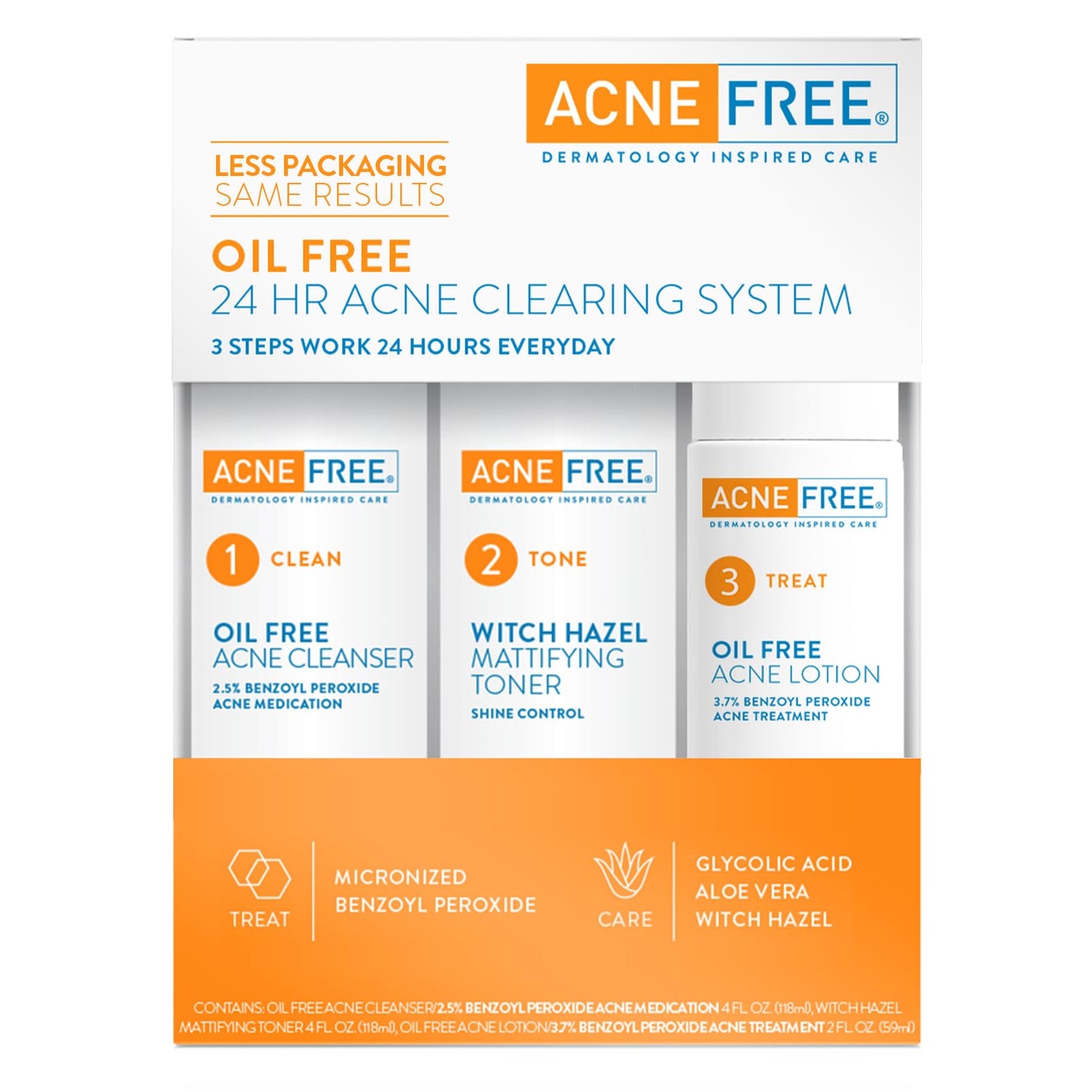 Acne Free 3 Step 24-Hour Acne Treatment Kit - Oil-Free Cleanser, Witch Hazel Toner & Acne Lotion with Benzoyl Peroxide for Teens & Adults