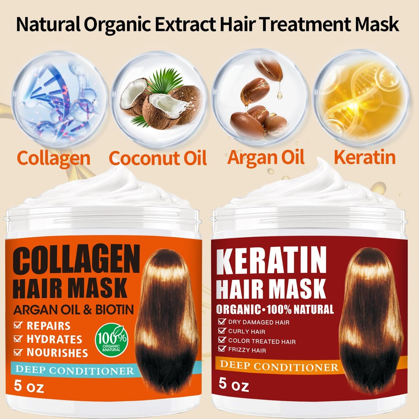2 Pack Collagen & Keratin Hair Masks – Deep Conditioning Argan Oil Hair Repair Treatment with Biotin for Dry, Damaged, Frizzy Hair, Hydrating & Nourishing