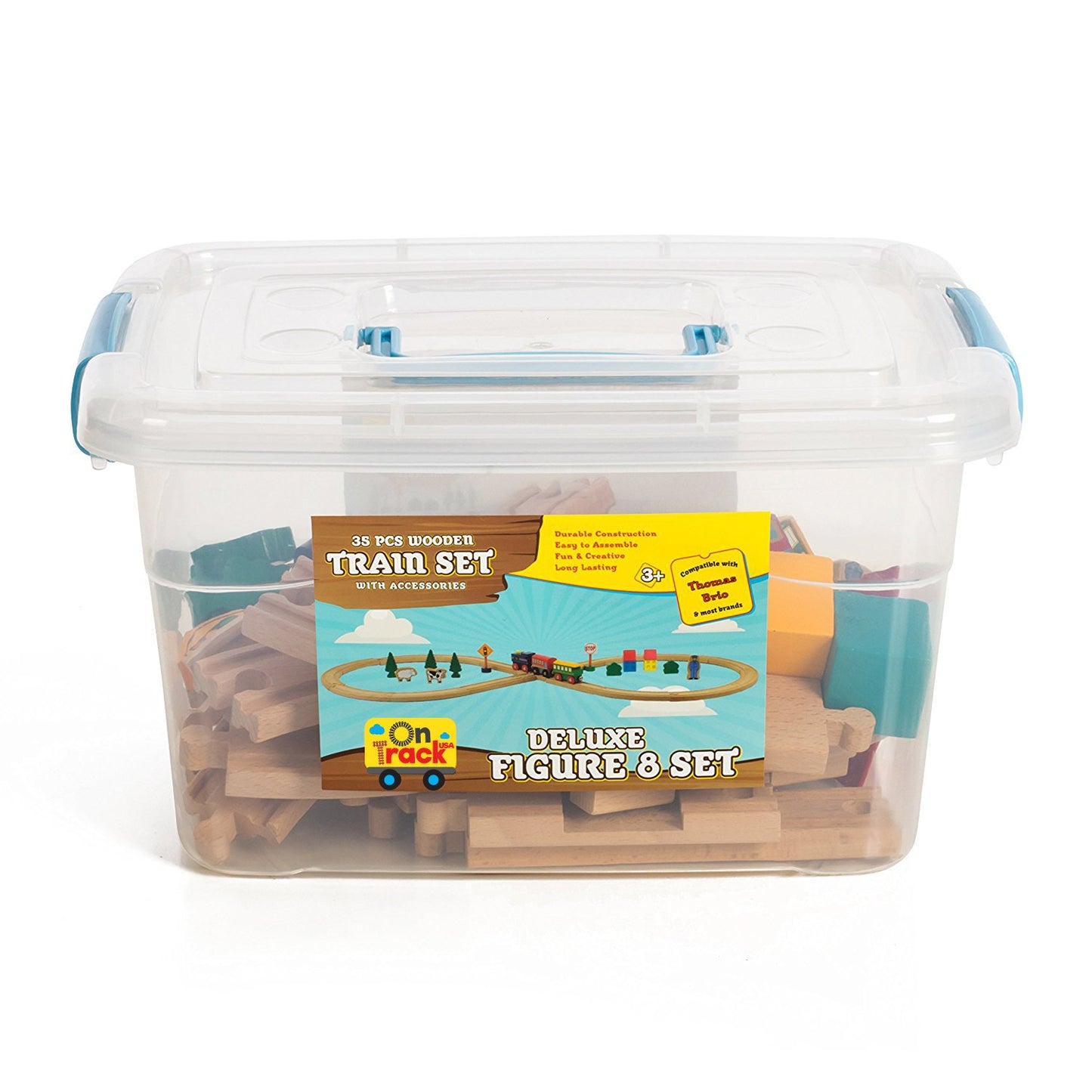 On Track USA 35-Piece Wooden Train Set with Magnetic Trains, Tracks & Accessories in Clear Container, Compatible with Major Brands