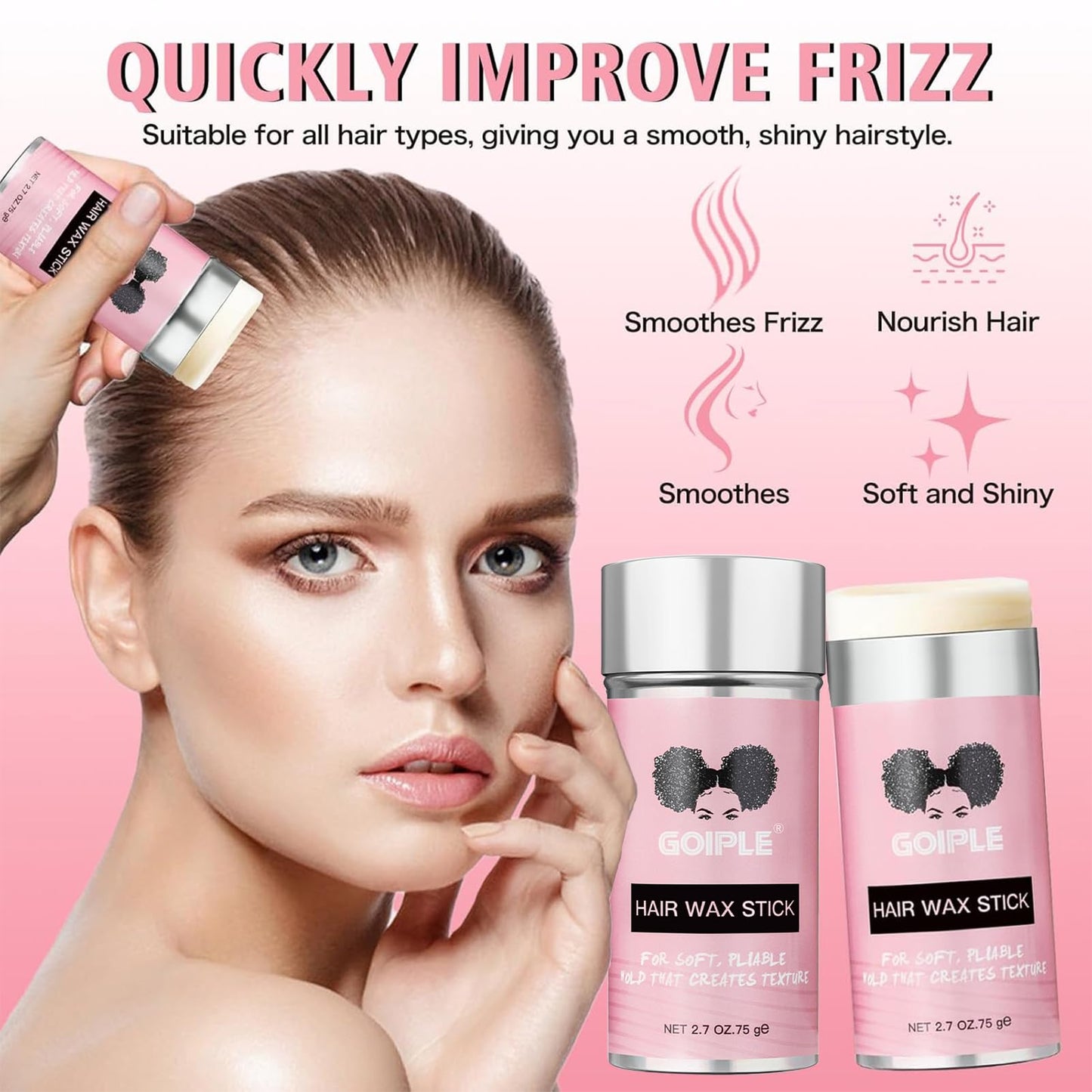 Goiple Wax Stick for Hair, Hair Pomade Stick Long-Lasting Styling Wax Stick, Hair Wax Stick Smoothing & Slick Stick for Hair Wigs, Styling Waxes for Fly Away & Edge Frizz Hair (2.7 oz)