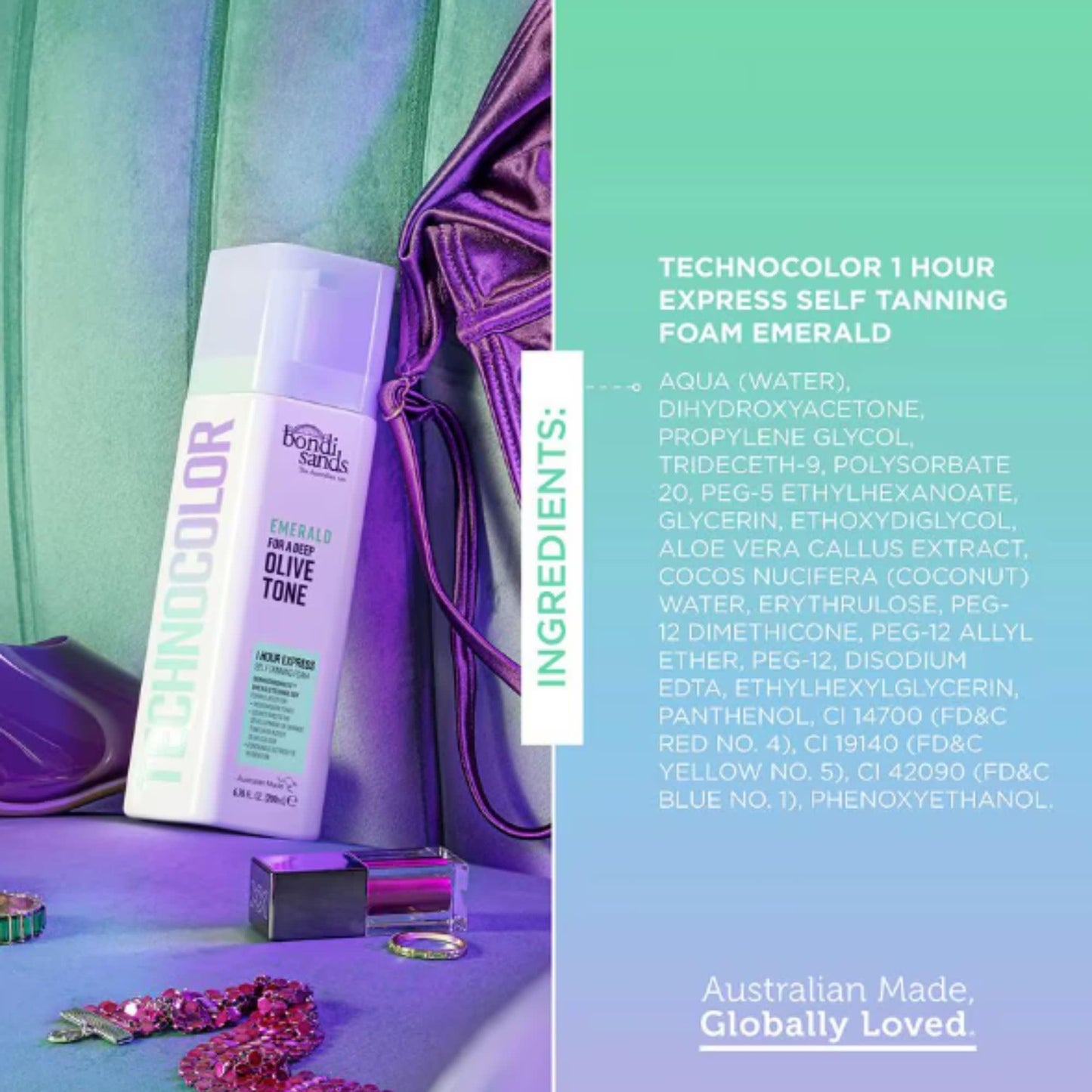 Bondi Sands Technocolor Emerald 1 Hour Express Self Tanning Foam|Best for Medium Skin Tones Looking to Achieve a Deep, Olive Toned Tan|6.76 fl. oz.