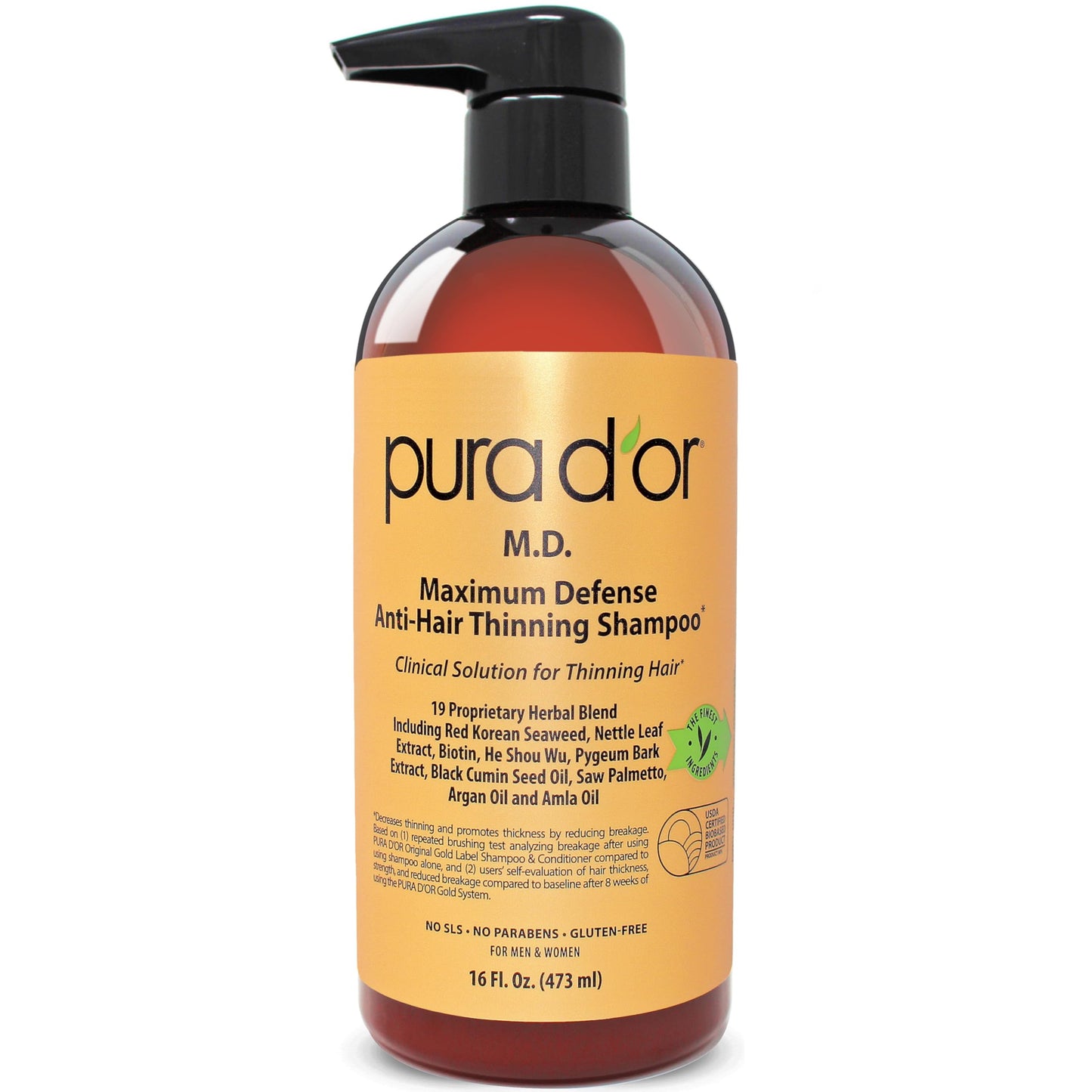 PURA D'OR MD Anti-Hair Thinning Shampoo 16oz – 0.5% Coal Tar, Biotin & Herbal Blend for Dry, Itchy Scalp – Sulfate-Free for Men & Women