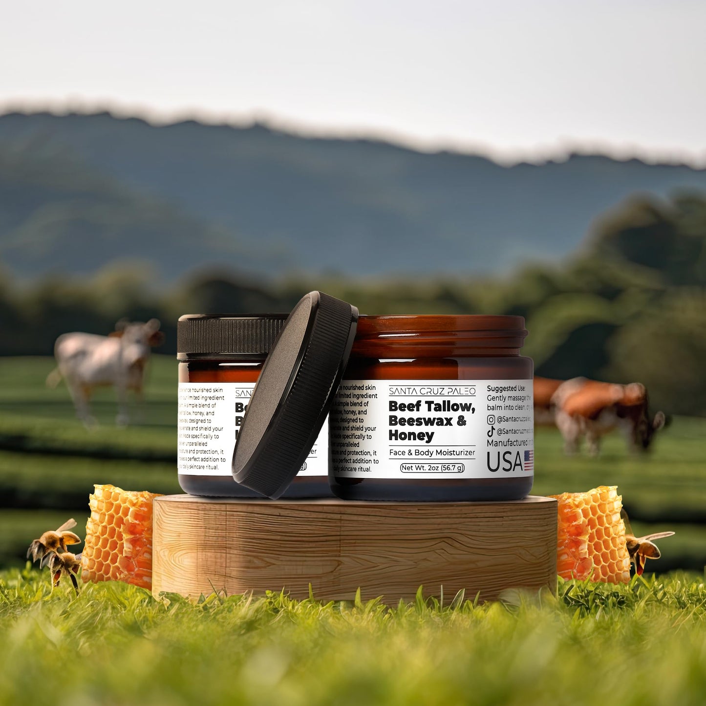 Santa Cruz Paleo Beef Tallow & Honey Balm – Grass-Fed Moisturizer for Face & Body, Organic Beeswax & Honey, Light Scent, 2oz