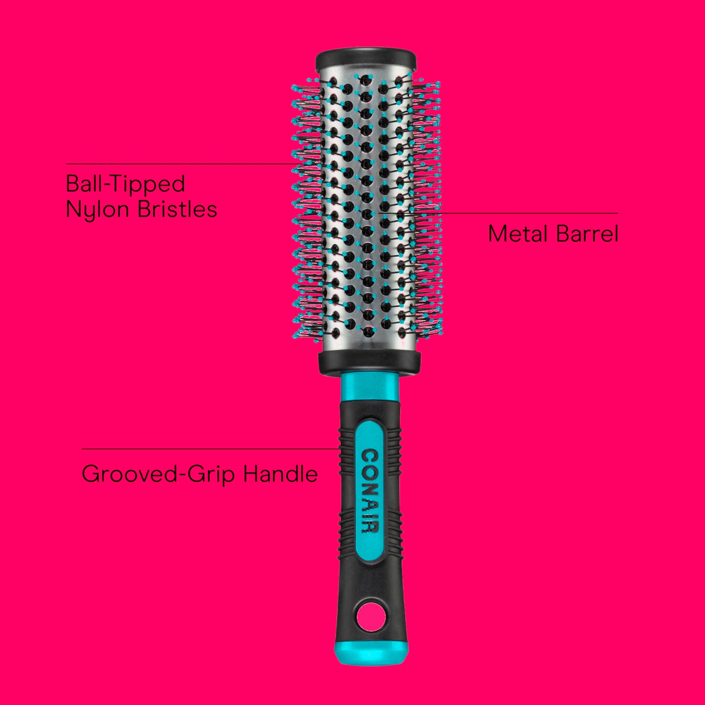 Conair Grip & Style Round Brush, Nylon Bristle Hair Brush for Blowout Styling, For Medium to Long Lengths, Ideal for Curly Hair