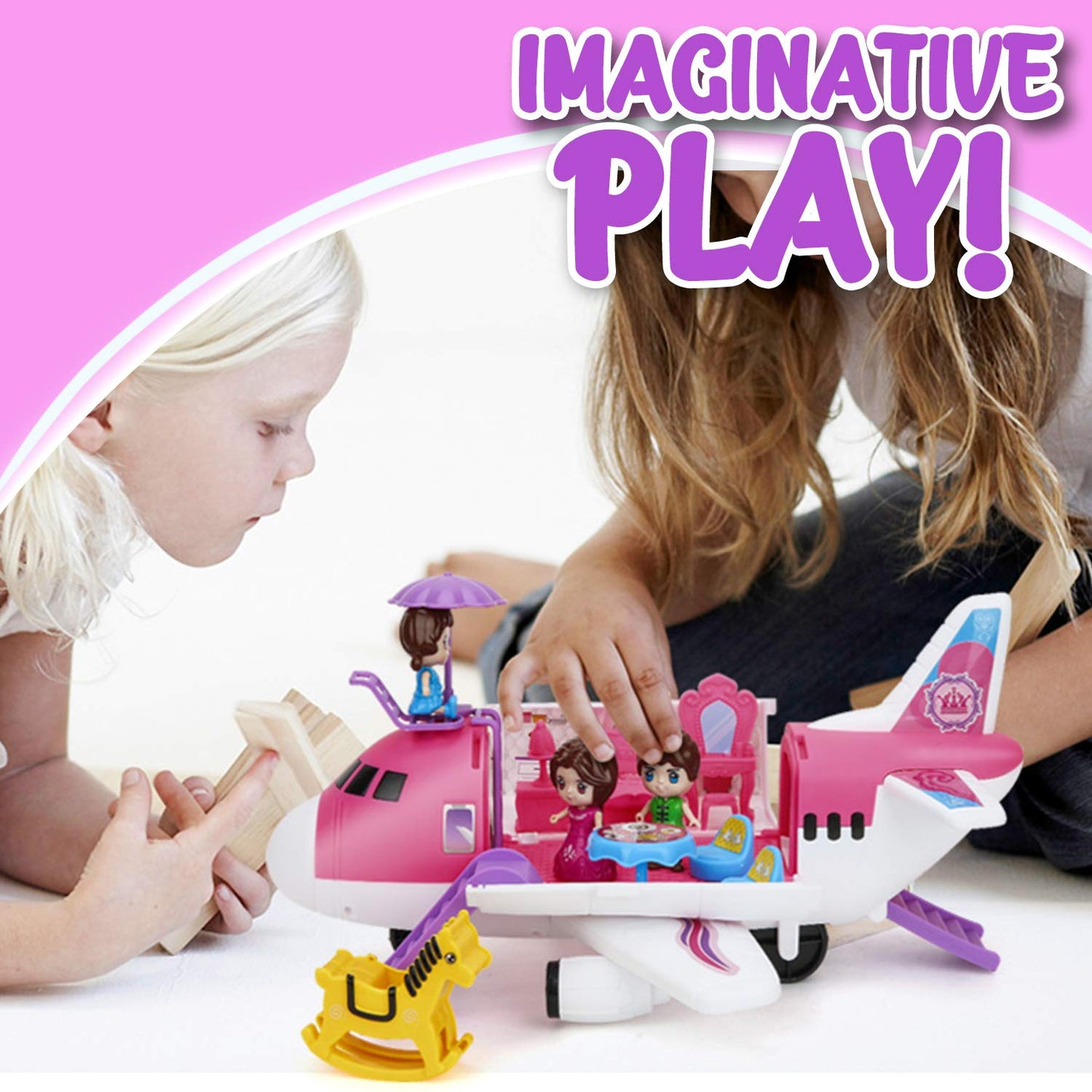 Pink Airplane Toy Private Jet Transport Cargo Vehicle - Big Large Aircraft Plane with Figures and Beauty Accessories Pretend Playset for Toddler Girls