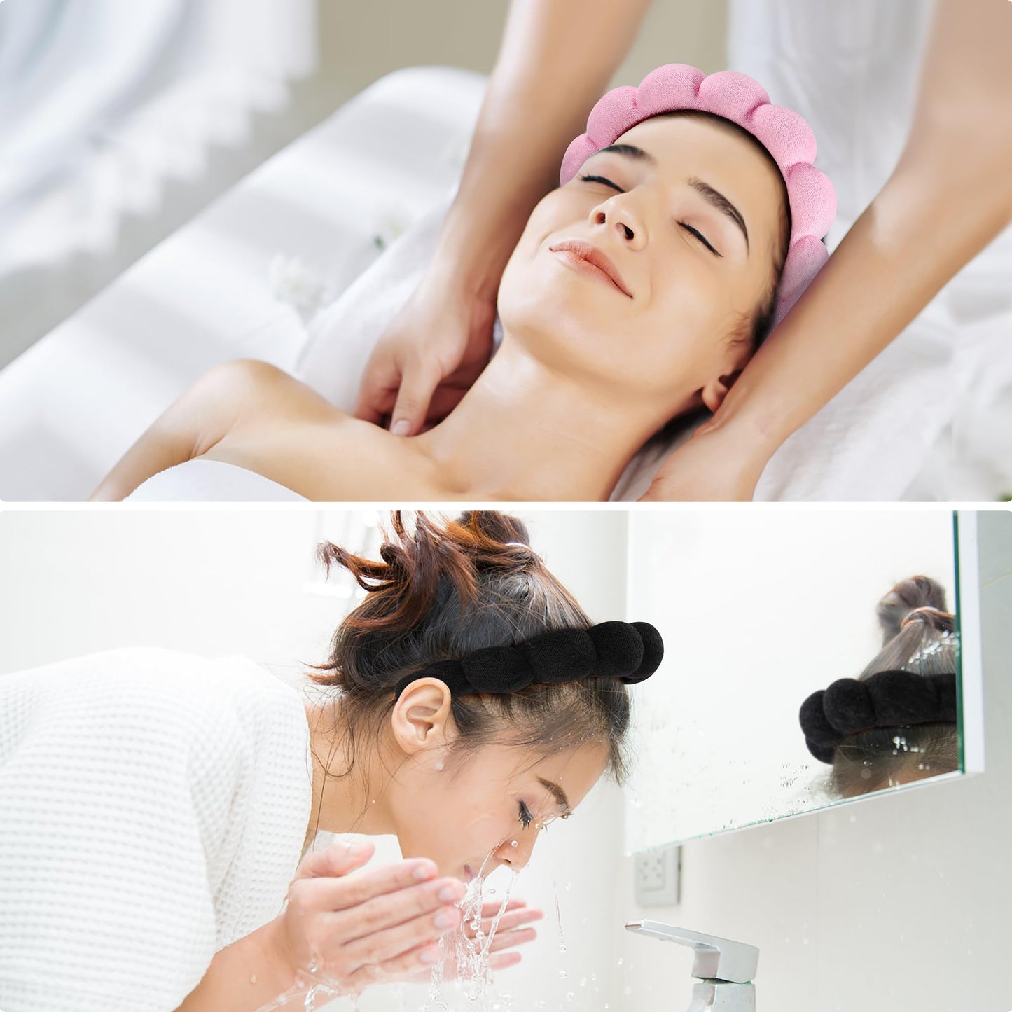 Ztomine Spa Headbands Set of 2 for Face Washing & Skincare – Soft Terry Cloth Puffy Headbands for Makeup, Facial & Mask (Black & Pink)