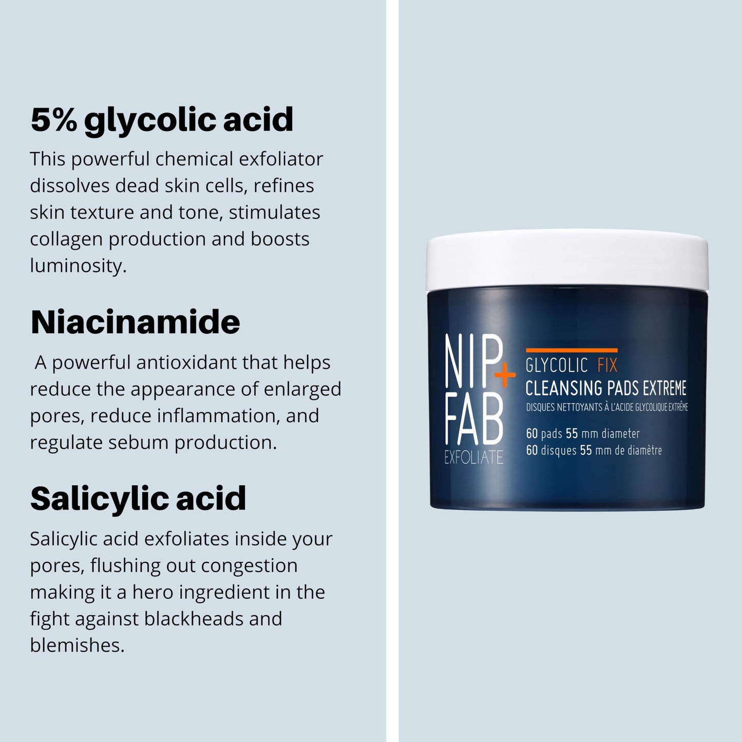 Nip + Fab Glycolic Acid Night Face Pads with Salicylic & Hyaluronic Acid – Exfoliating AHA Pads for Even Skin Tone & Blemish Control, 60 Pads