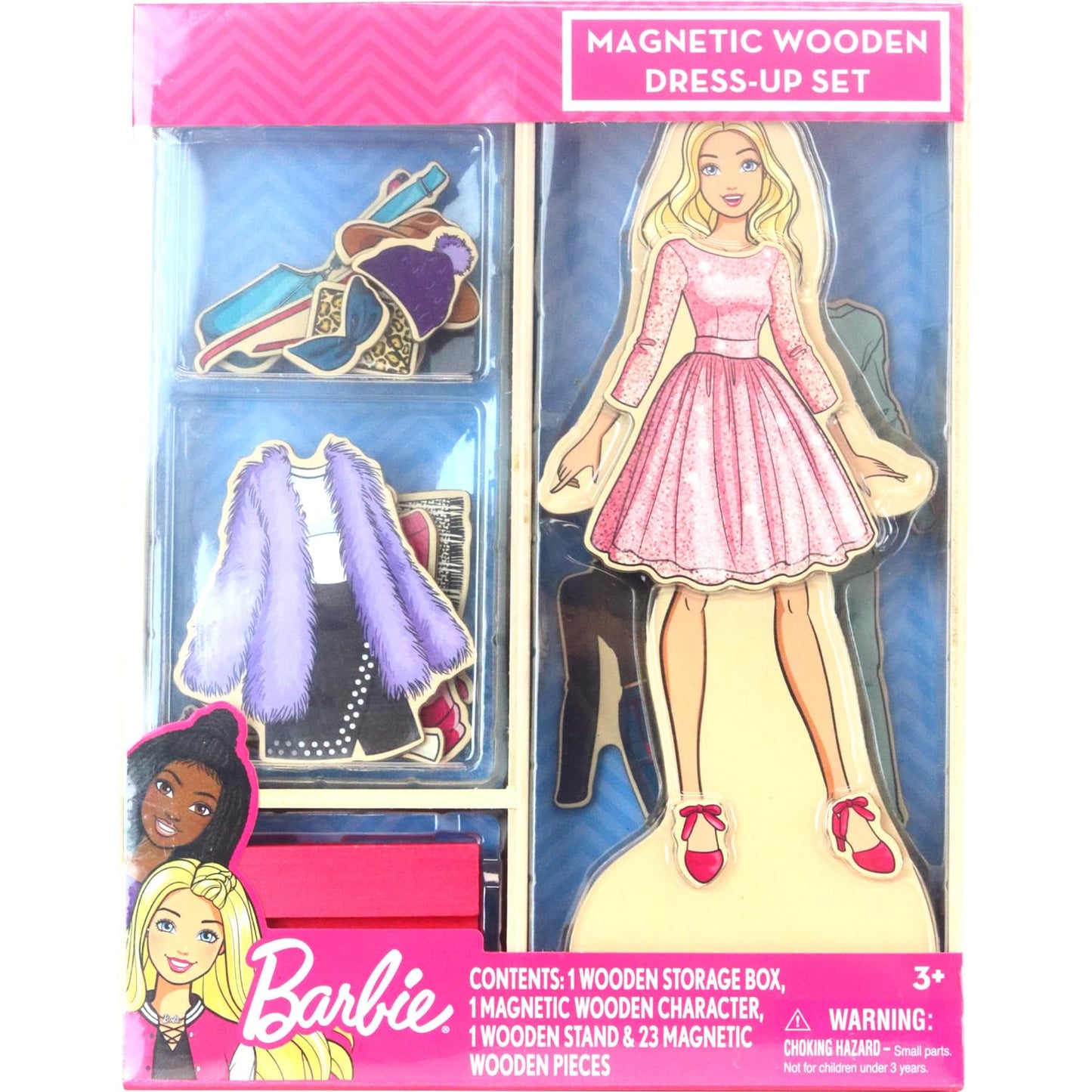 Barbie Magnetic Wooden Dress-Up Set – Wooden Doll with Mix & Match Outfits, Storage Box, Educational Pretend Play Toy for Girls 3+