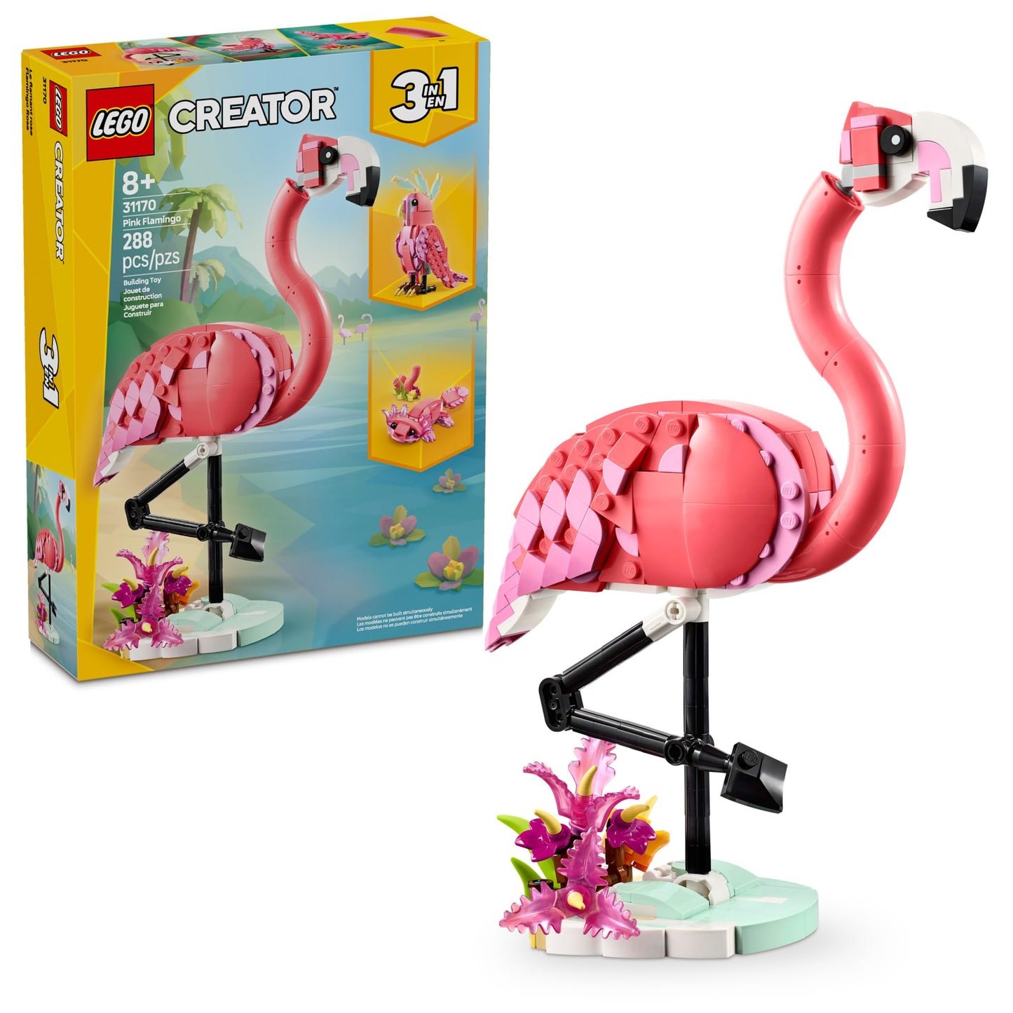 LEGO Creator 3-in-1 Wild Animals Building Set - Pink Flamingo, Cockatoo & Axolotl Toy for Kids 8+, Learning & Creative Play - 31170