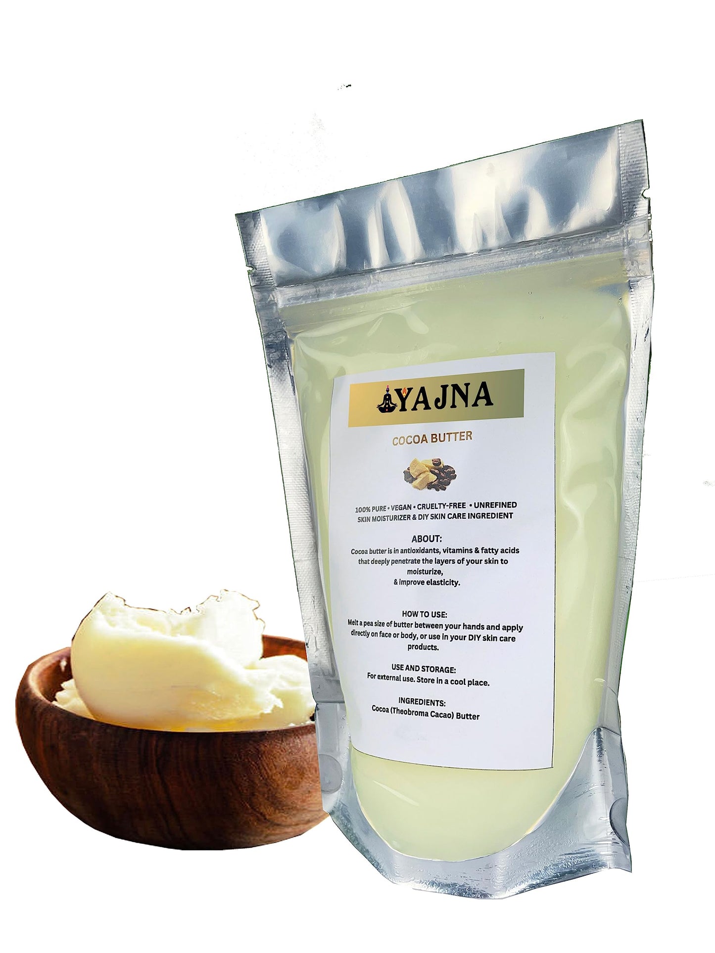 Yajna Organic Raw Cocoa Butter 100% Pure & Unrefined, Skin & Hair Moisturizer, DIY Creams, Lotions, Soaps, 1lb/450g Ivory Grade A