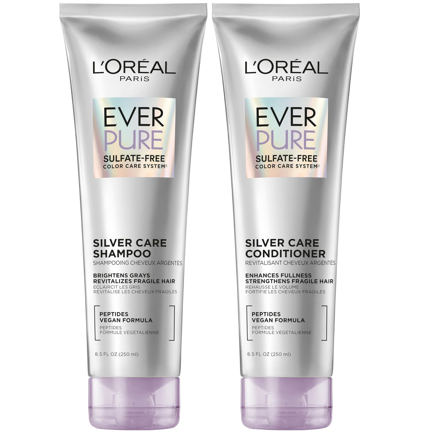 L'Oreal Paris EverPure Silver Care Sulfate Free Shampoo and Conditioner Set, Nourishing Vegan Formula with Peptides for Brightening Gray Hair, 1 Kit