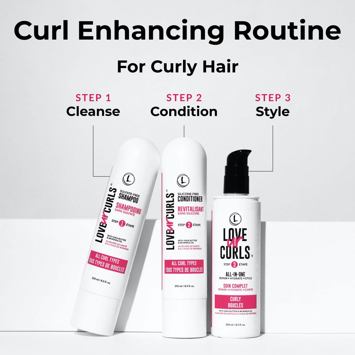 Love Ur Curls - Shampoo & Conditioner Set with All in One Curl Cream Styler for Curly Hair, 3 Step System for Repair and Moisturizing
