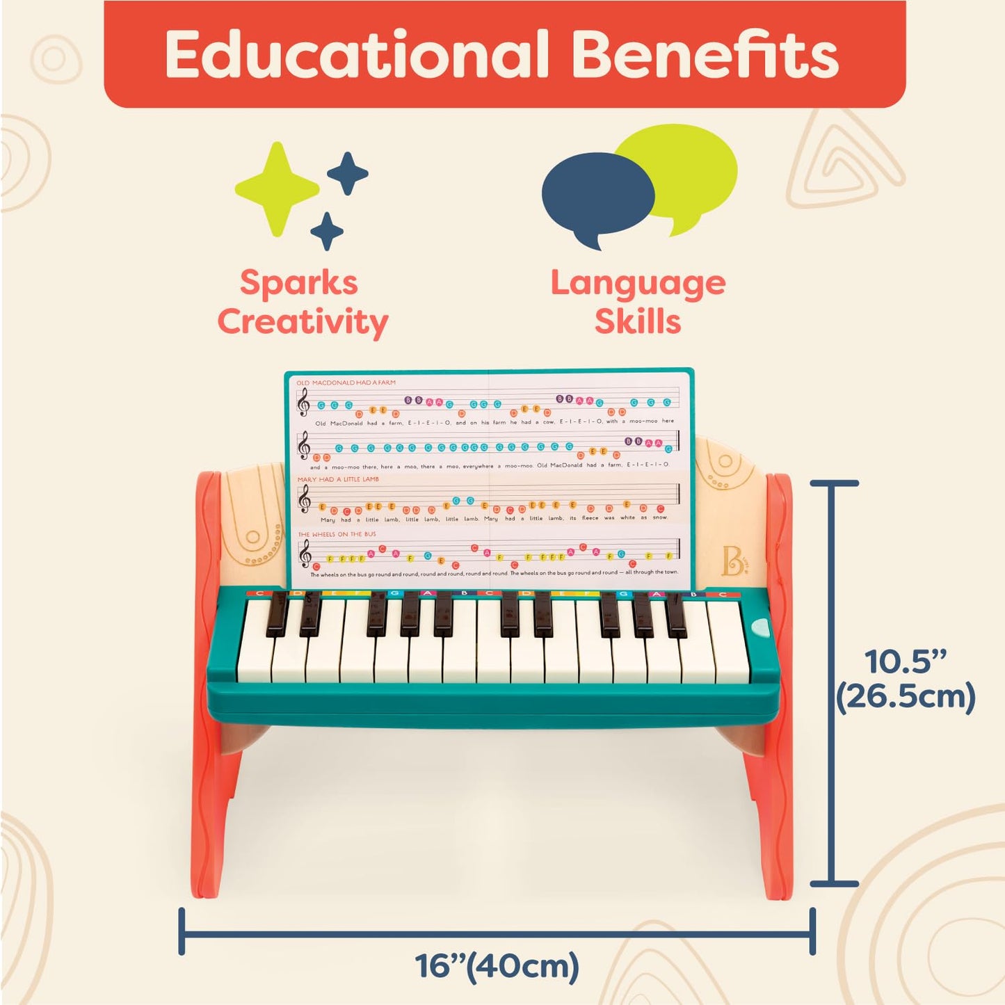 B. toys Wooden Toy Piano for Toddlers & Kids – Color-Coded Keys with Songbook – Early Learning Musical Instrument – Mini Maestro, Ages 3+