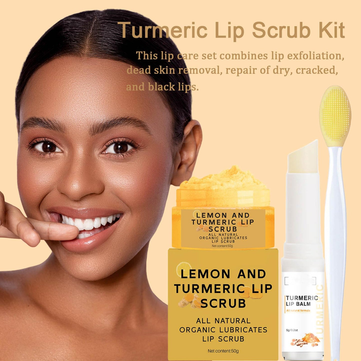Turmeric Lemon Lip Scrub & Balm Set with Brush – 3PCS Natural Exfoliator & Moisturizer for Dark, Dry, Chapped Lips